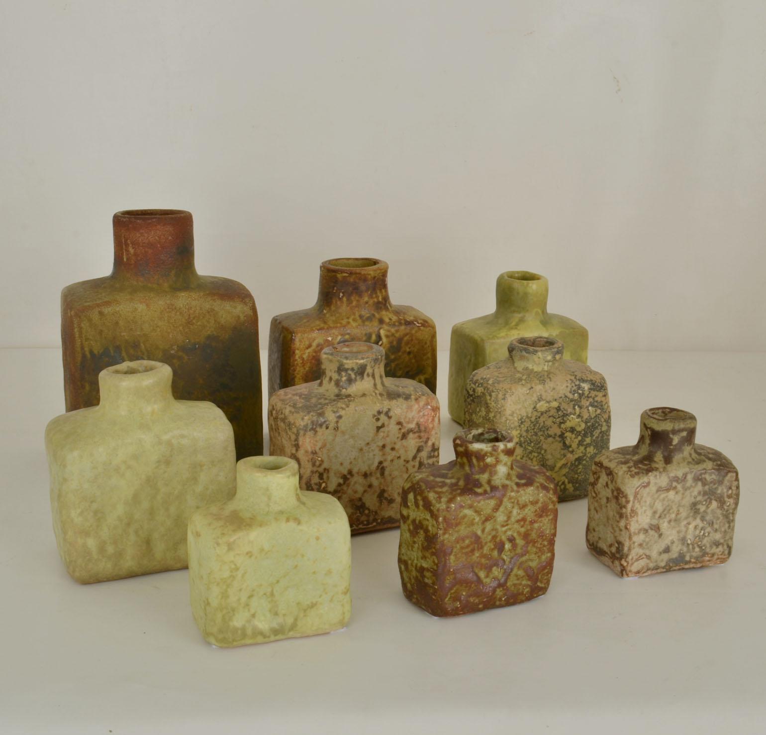 Group of Square Studio Ceramic Vases in Sage and Earth Tones For Sale 2
