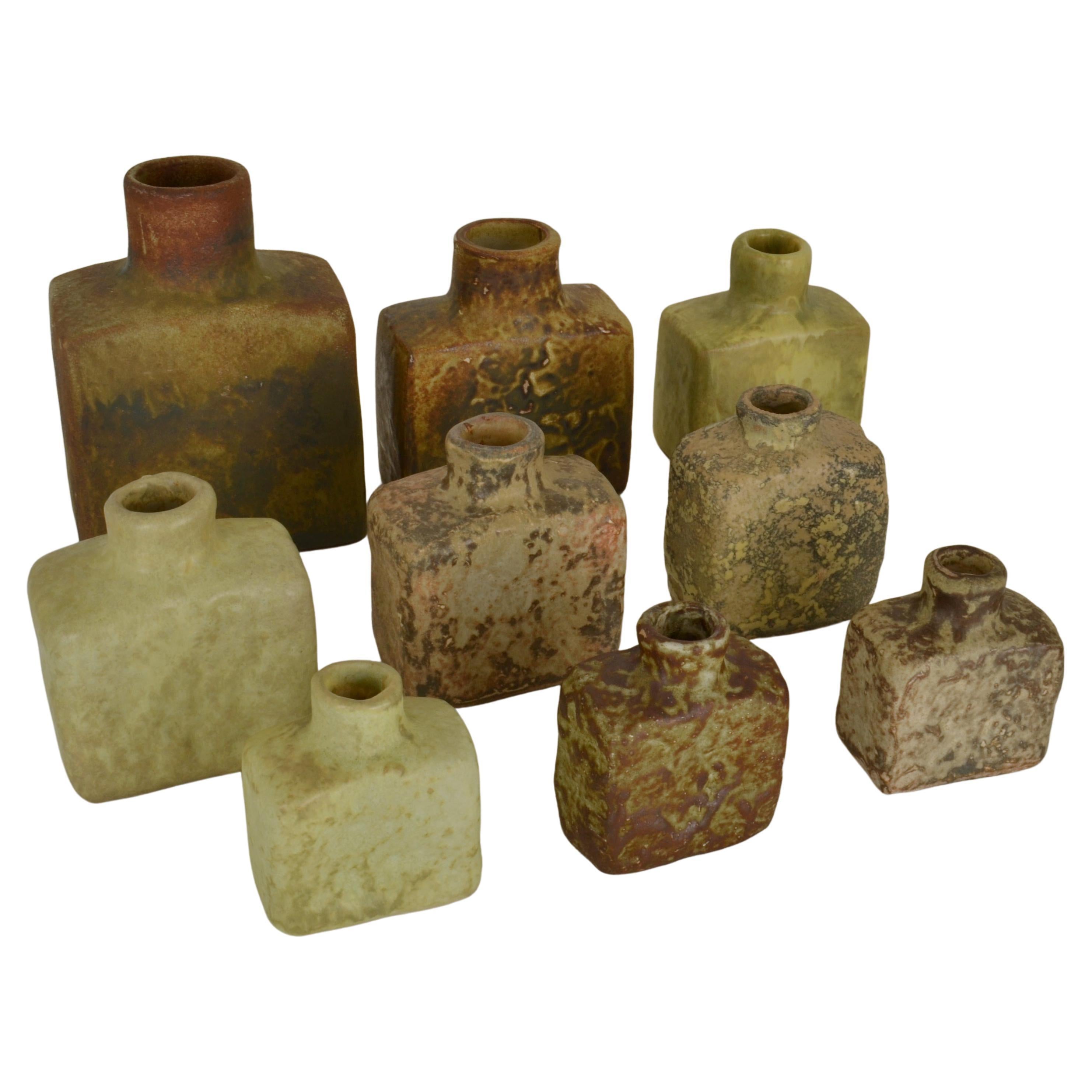 Group of Square Studio Ceramic Vases in Sage and Earth Tones For Sale