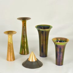 Group of Tall Studio Pottery Vases and Bowl with Iridescent Glaze by Mobach