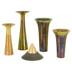 Group of Tall Studio Pottery Vases and Bowl with Iridescent Glaze by Mobach