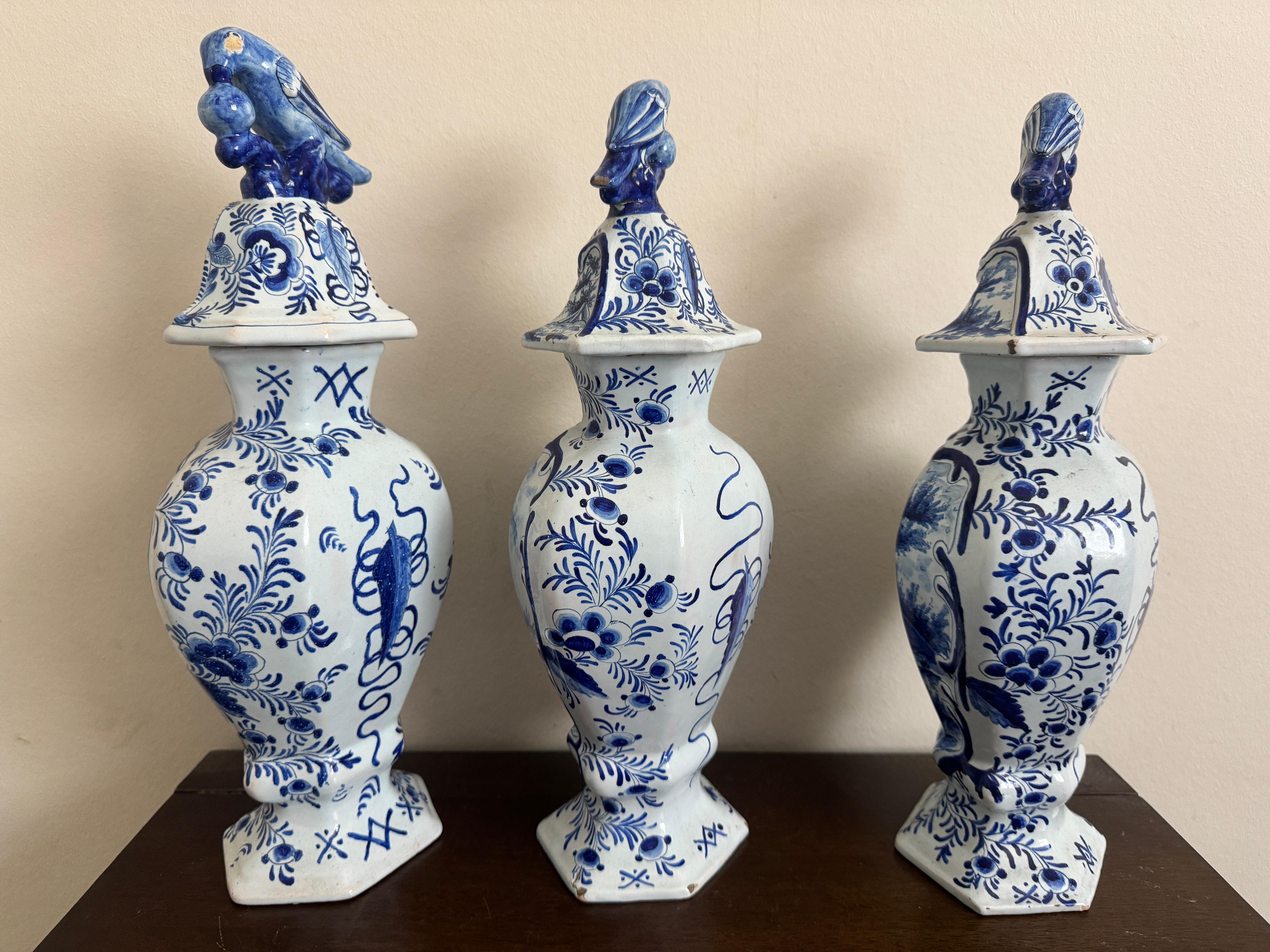 Hand-Crafted Group of Three 18th Century Delft Jars And Lids For Sale