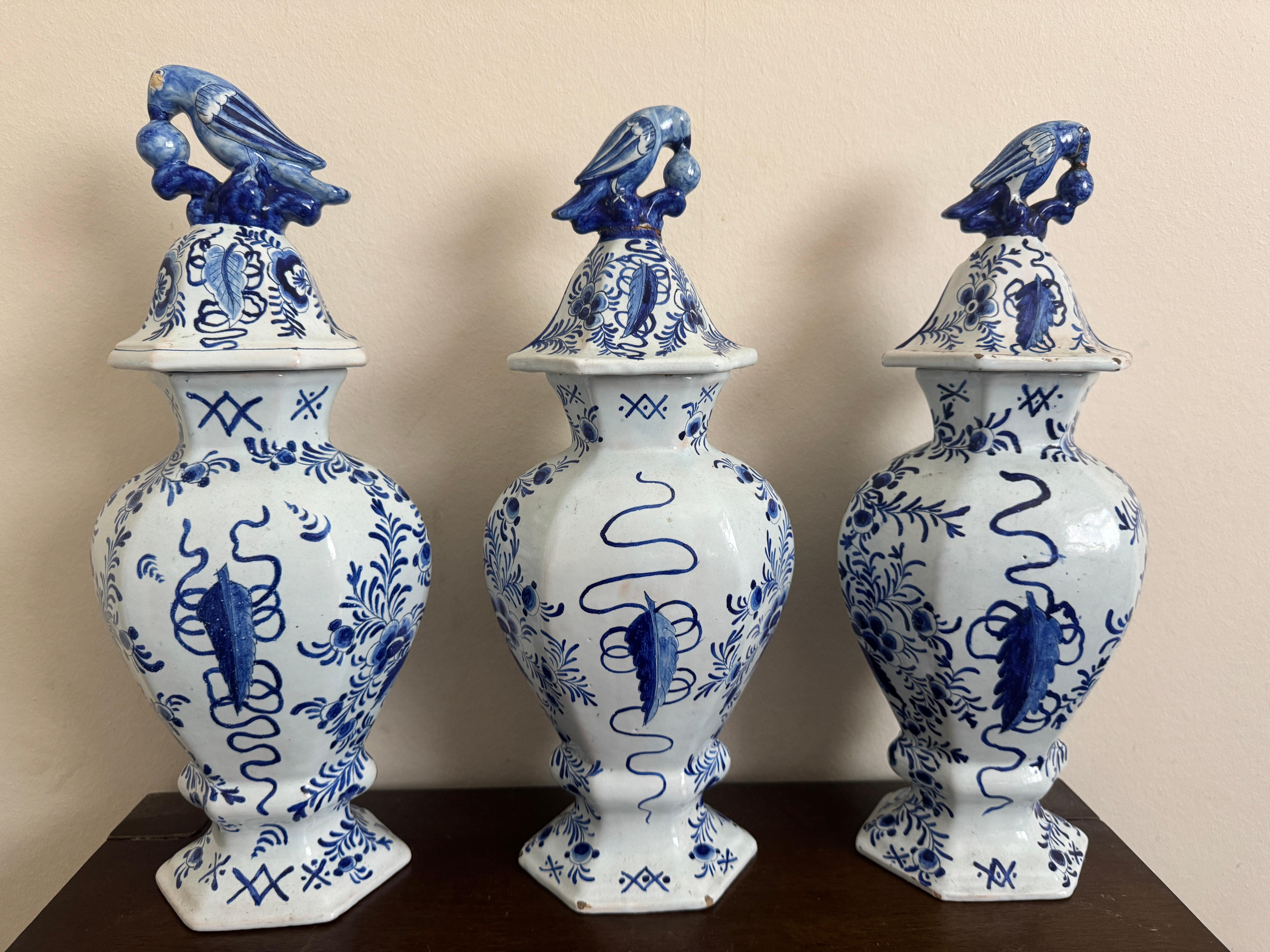 Ceramic Group of Three 18th Century Delft Jars And Lids For Sale