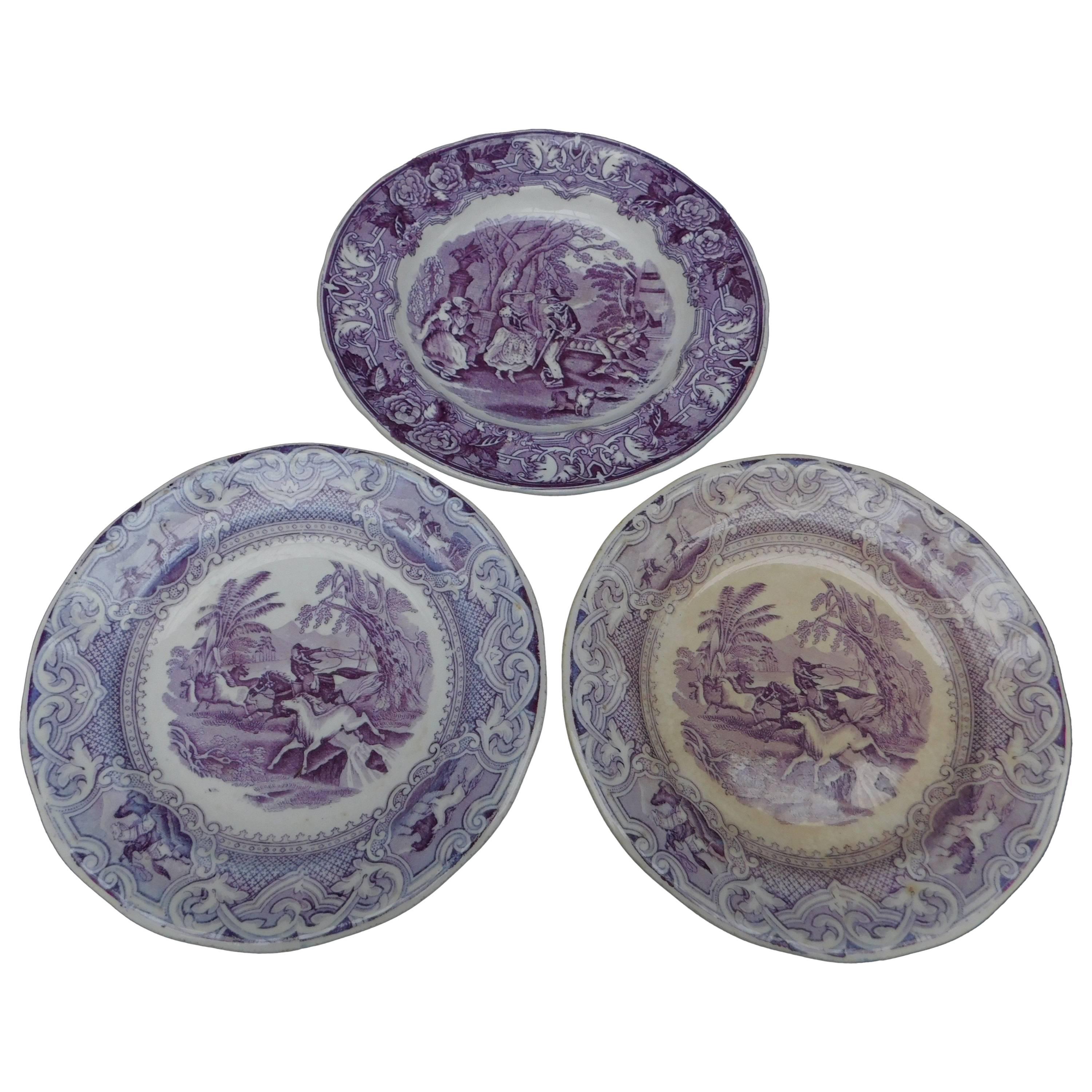 Group of Three 19th Century Dutch Purple and White Transfer Ware Plates For Sale