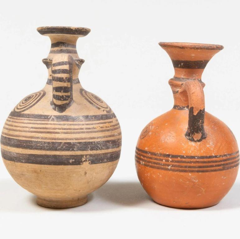 Classical Greek Group of Three Ancient Greek/Cypriot Painted Pottery Amphora and Wine Jugs