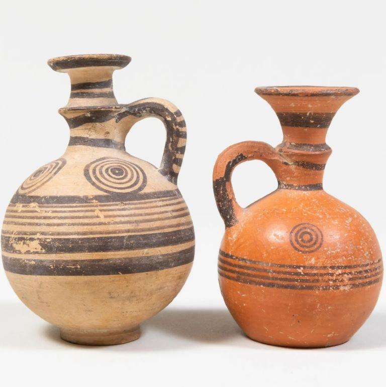 Group of Three Ancient Greek/Cypriot Painted Pottery Amphora and Wine Jugs In Good Condition In Chicago, IL