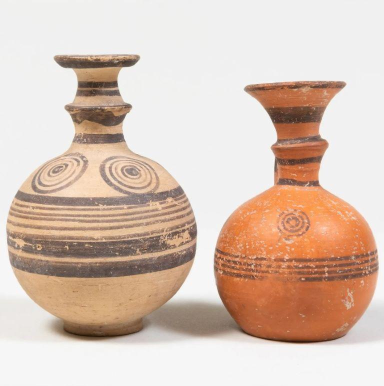 18th Century and Earlier Group of Three Ancient Greek/Cypriot Painted Pottery Amphora and Wine Jugs