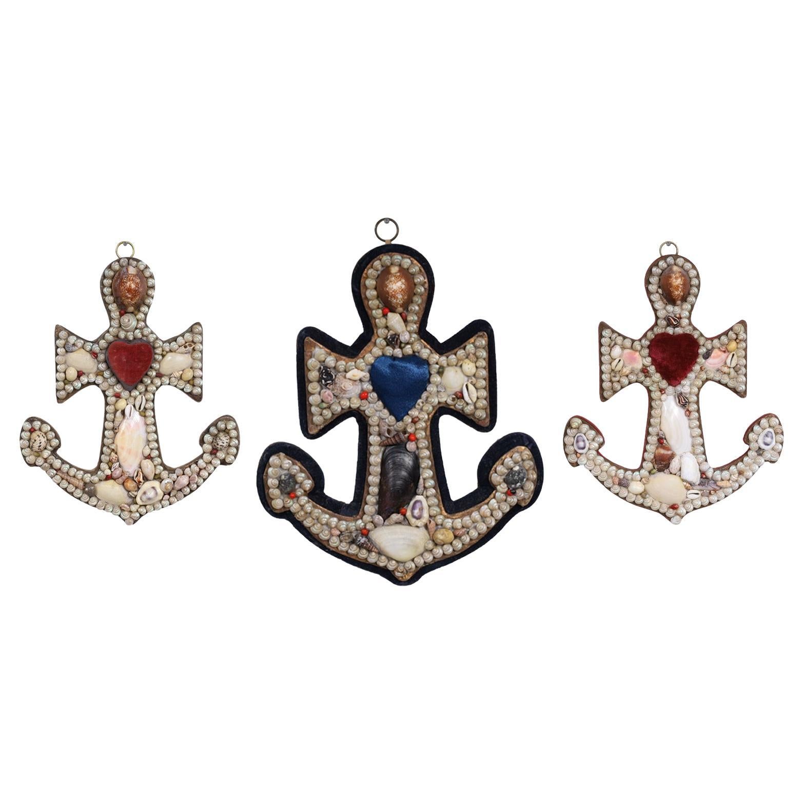 Grupo de tres tarjetas de San Valentín marineras antiguas con forma de ancla, precio individual
