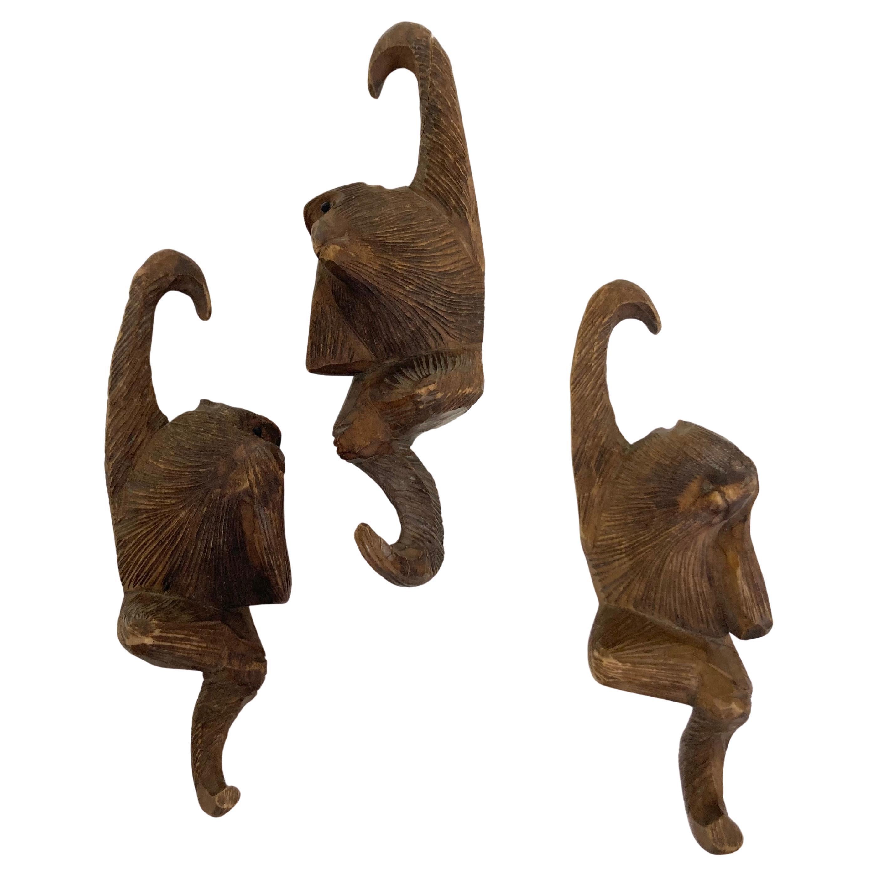 Group of Three Antique Japanese Hand Carved Monkey Figures