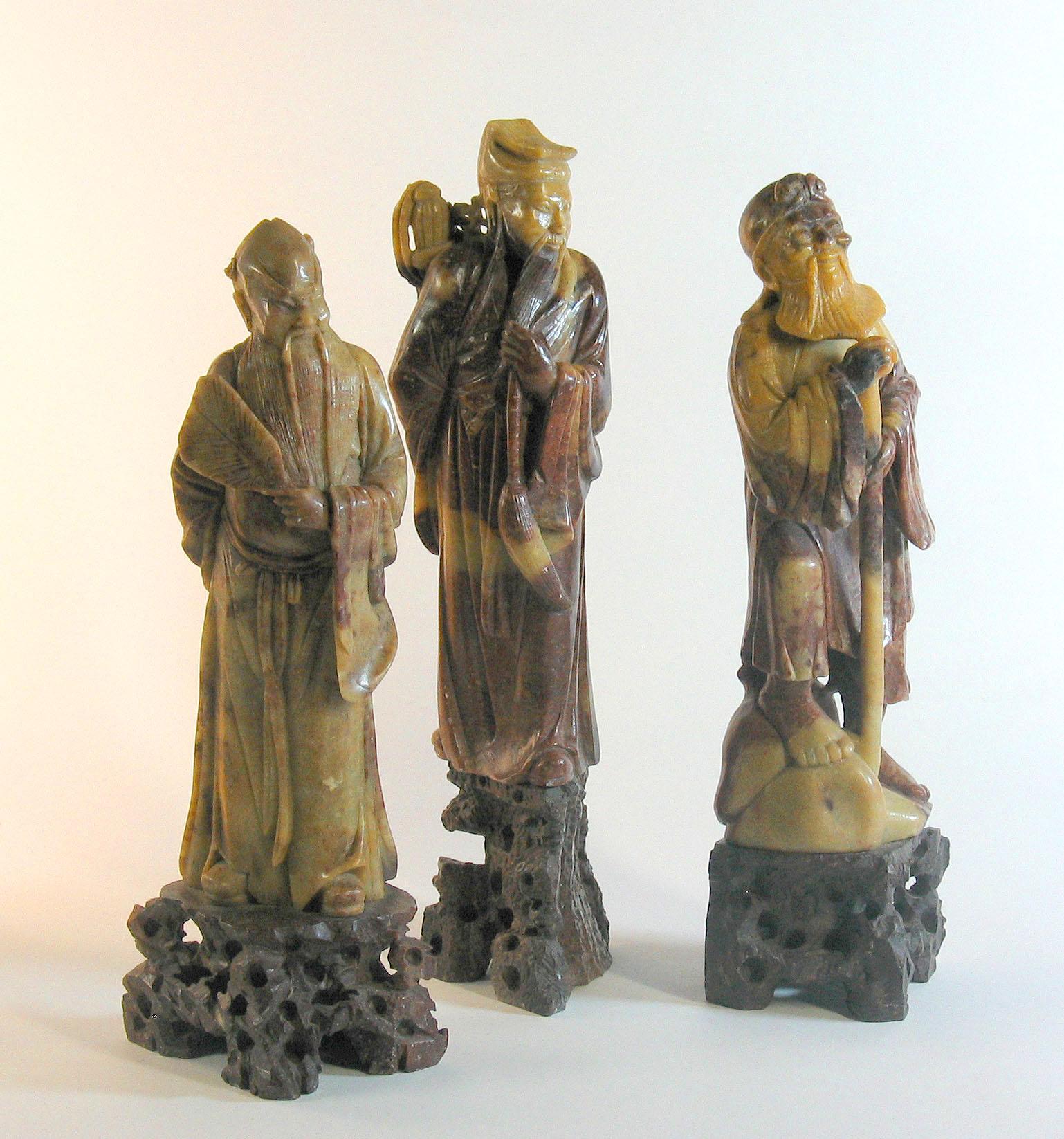 Group of Three Chinese Carved Soapstone Immortal Figures, Early 20th Century 5