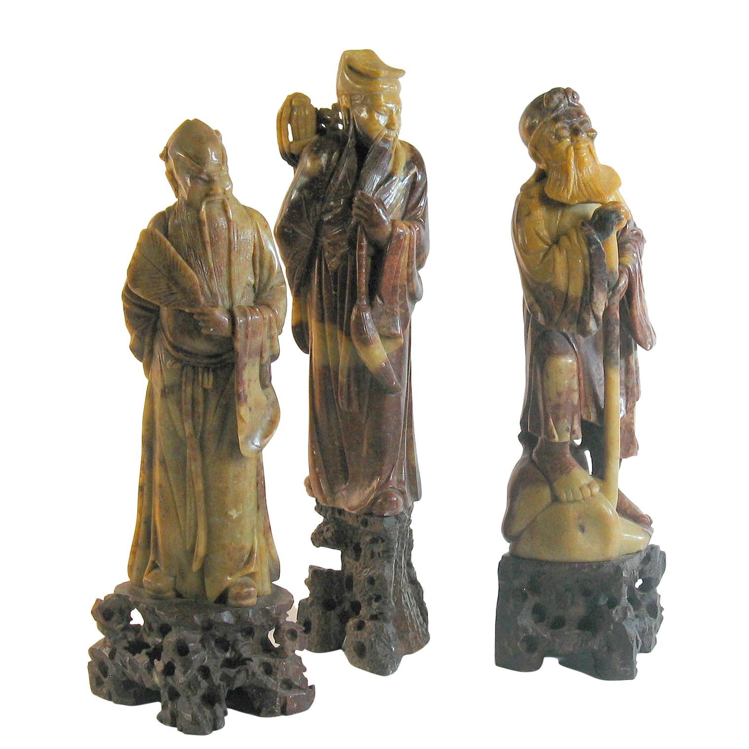 Group of Three Chinese Carved Soapstone Immortal Figures, Early 20th Century