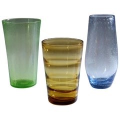 Group of Three Coloured Whitefriars Glass Vases, Green, Blue and Gold