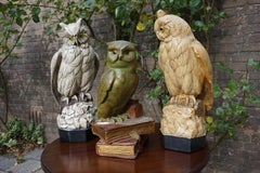Group of Three Early 20th Century Hand Painted Symbolical Sitting Owl Sculptures