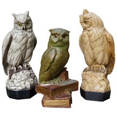 Group of Three Early 20th Century Hand Painted Symbolical Sitting Owl Sculptures