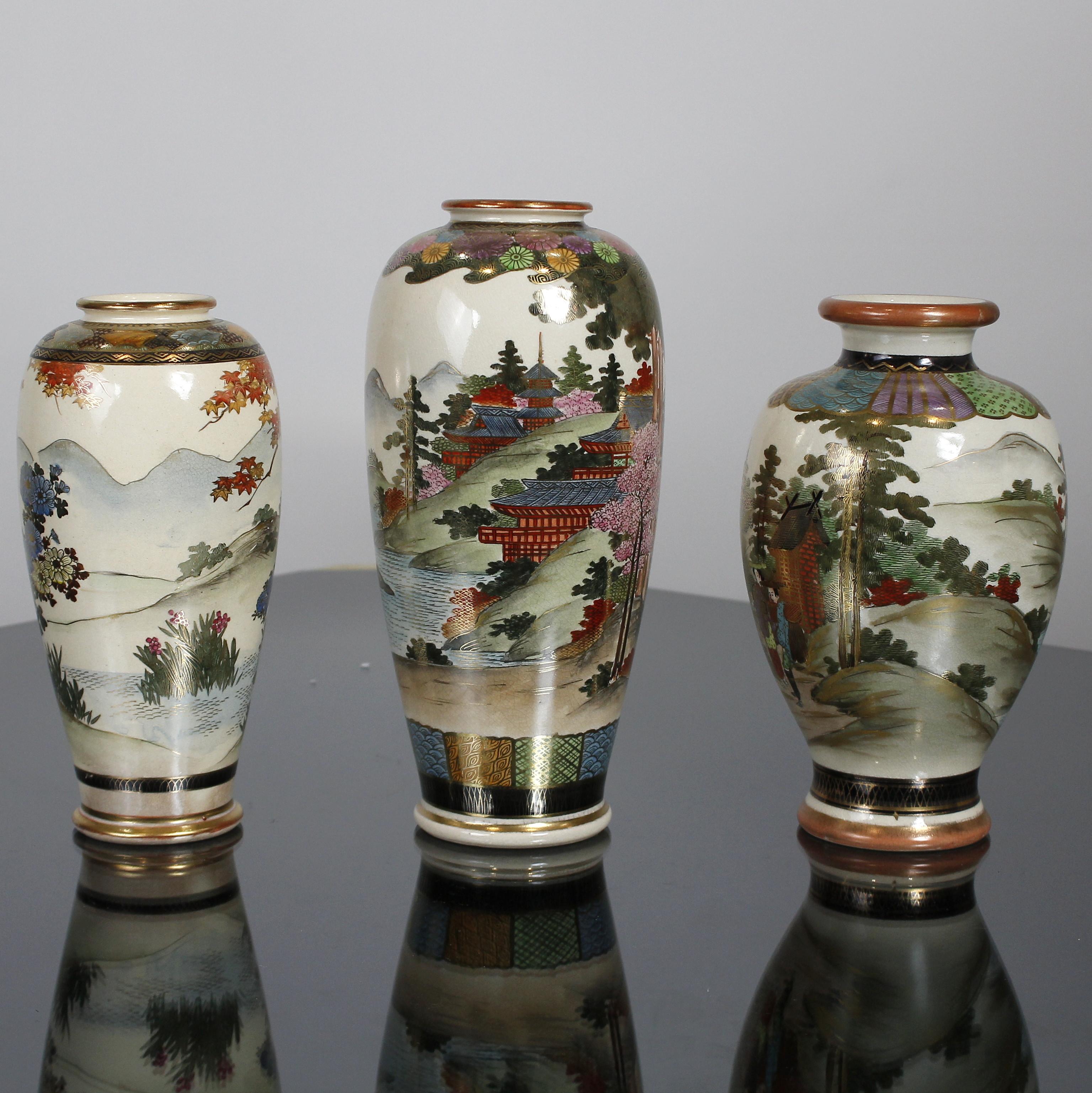 Japonisme Group of Three Early 20th Century Satsuma Hand Painted Polychrome Vases For Sale