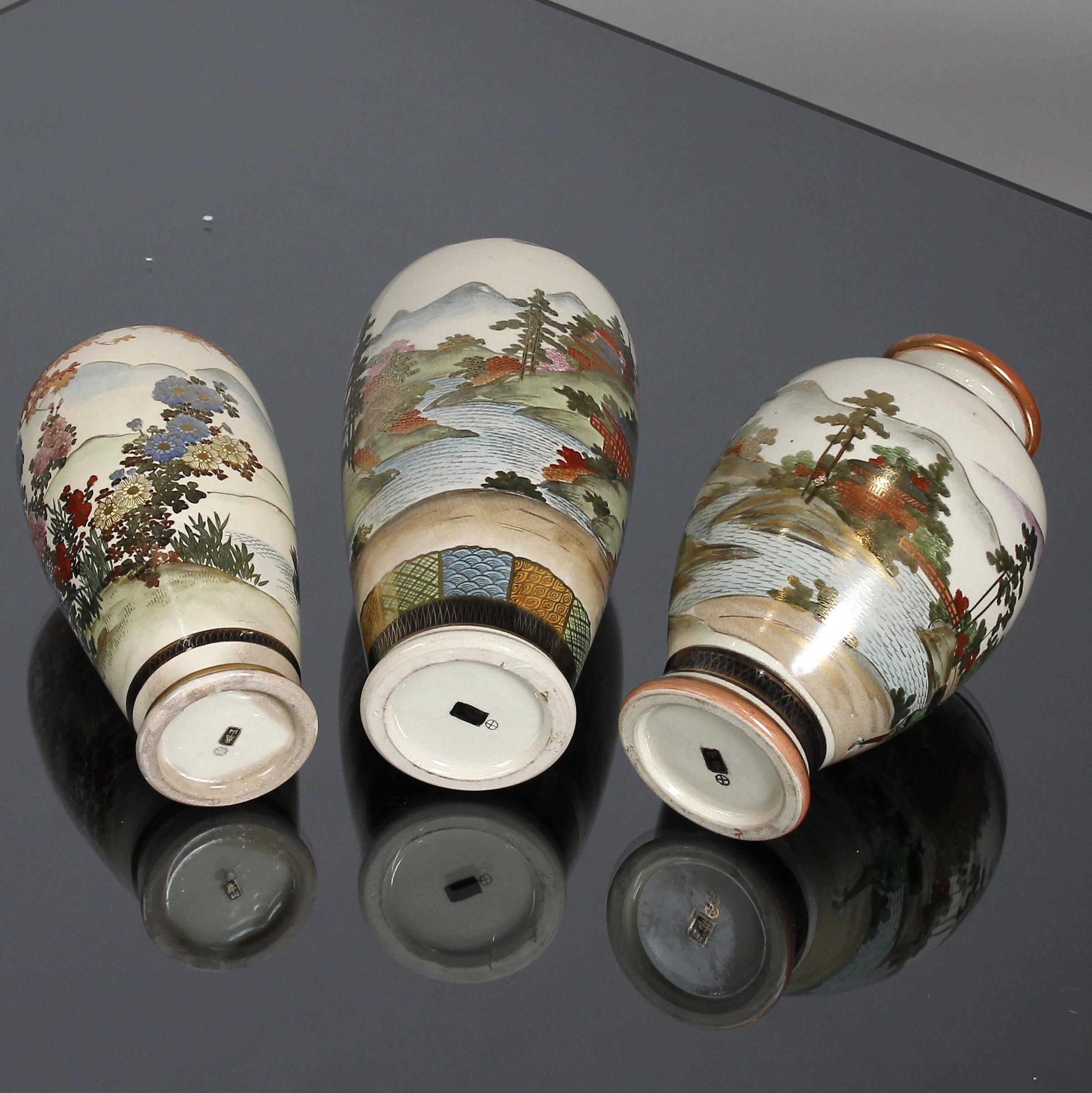 Japanese Group of Three Early 20th Century Satsuma Hand Painted Polychrome Vases For Sale