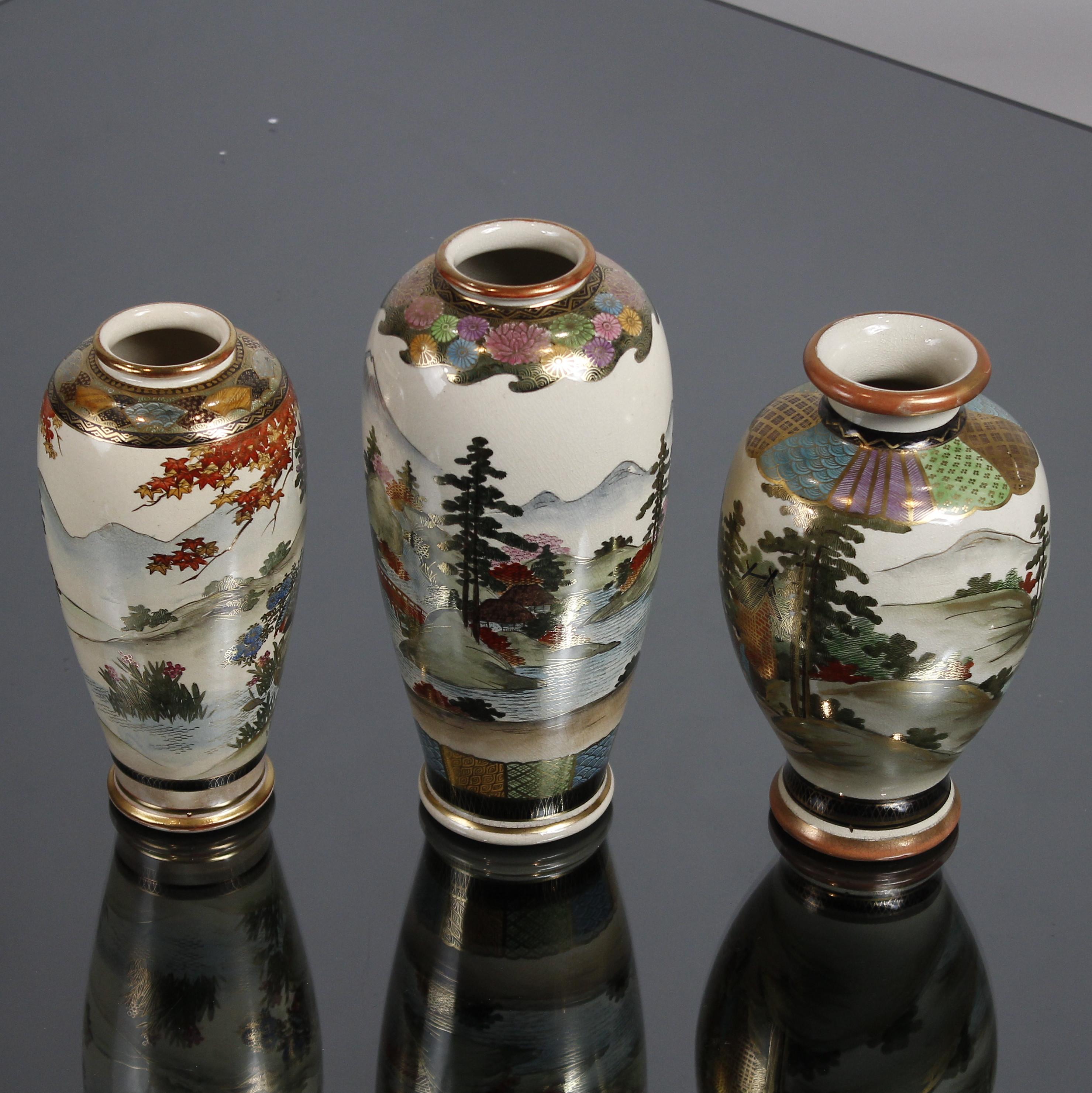 Enameled Group of Three Early 20th Century Satsuma Hand Painted Polychrome Vases For Sale