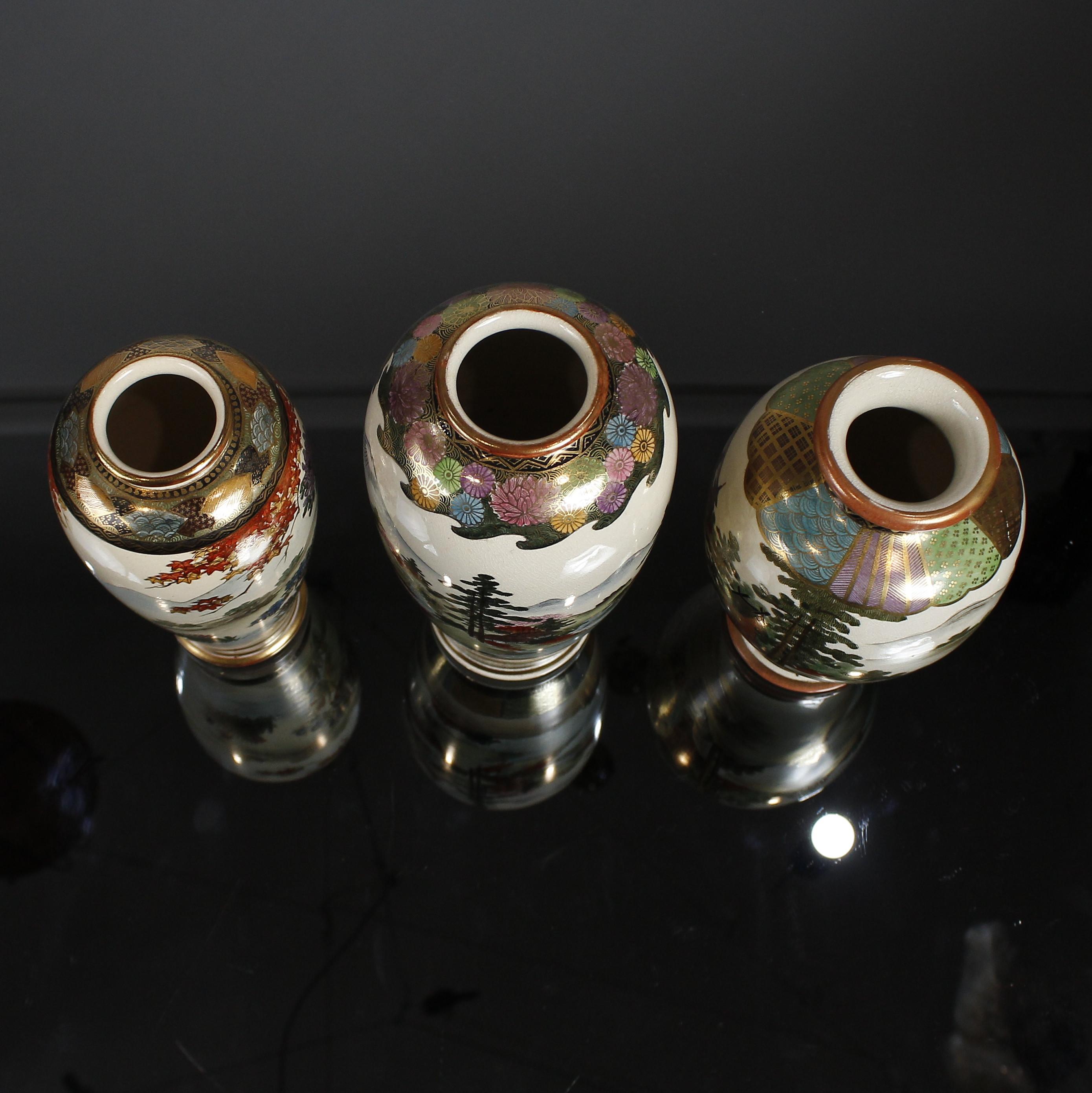 Group of Three Early 20th Century Satsuma Hand Painted Polychrome Vases For Sale 1