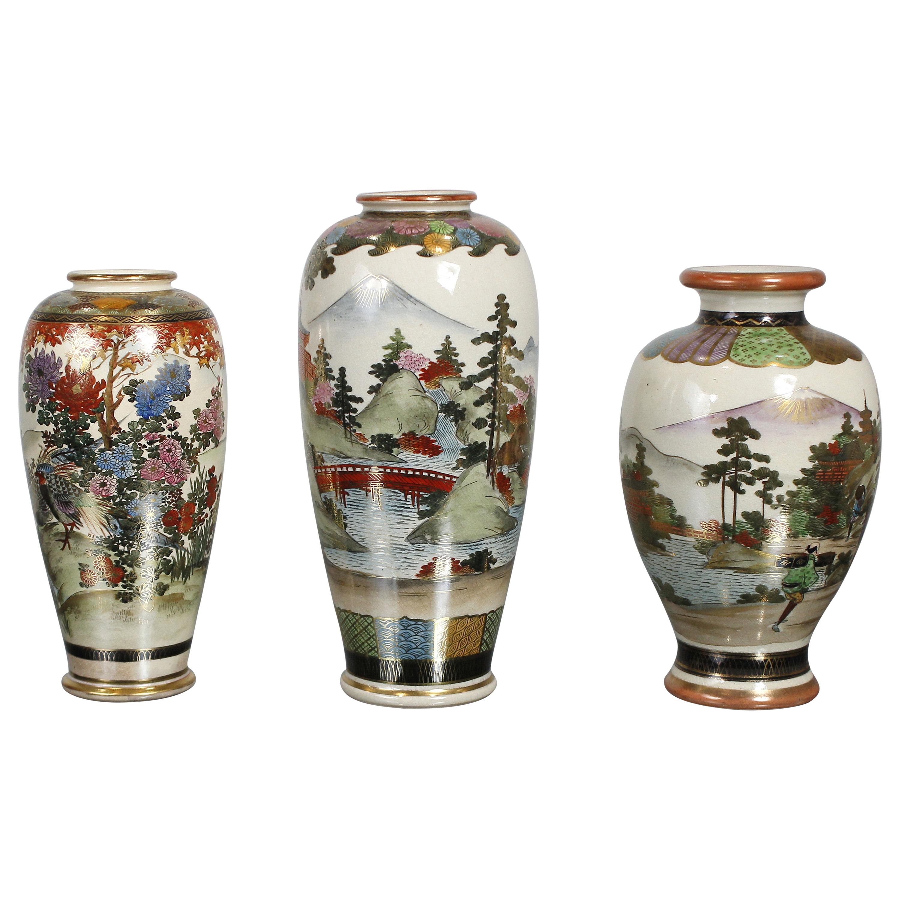 Group of Three Early 20th Century Satsuma Hand Painted Polychrome Vases For Sale