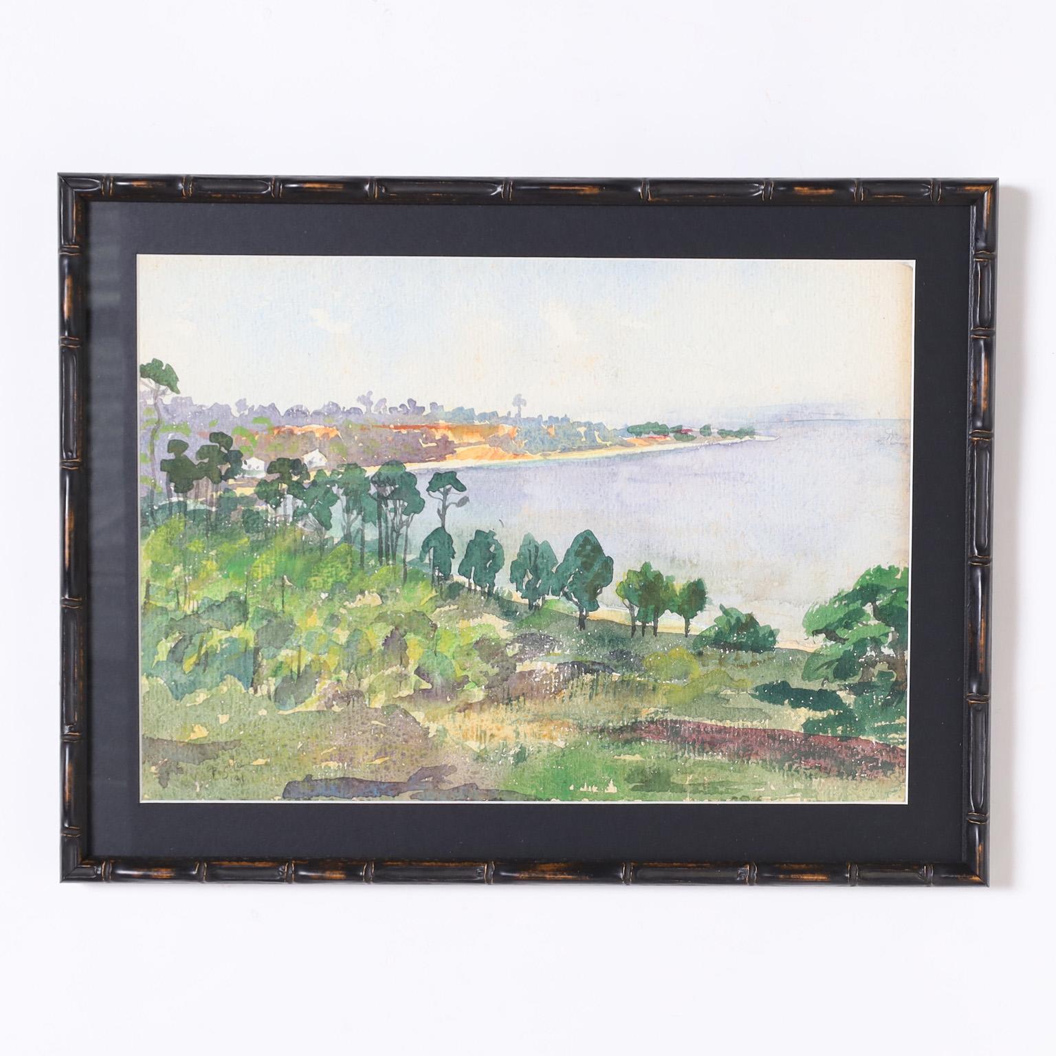 Historically significant group of three watercolors on paper depicting Escambia Bay Florida as it was before development. Signed by noted American artist Joy Postle in 1931. Presented under glass in faux bamboo wood frames.