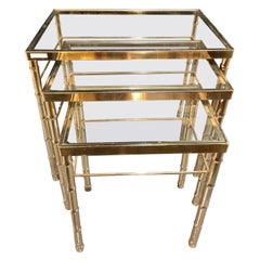 Retro Group of Three Faux Bamboo Brass Nesting Tables with Glass Tops