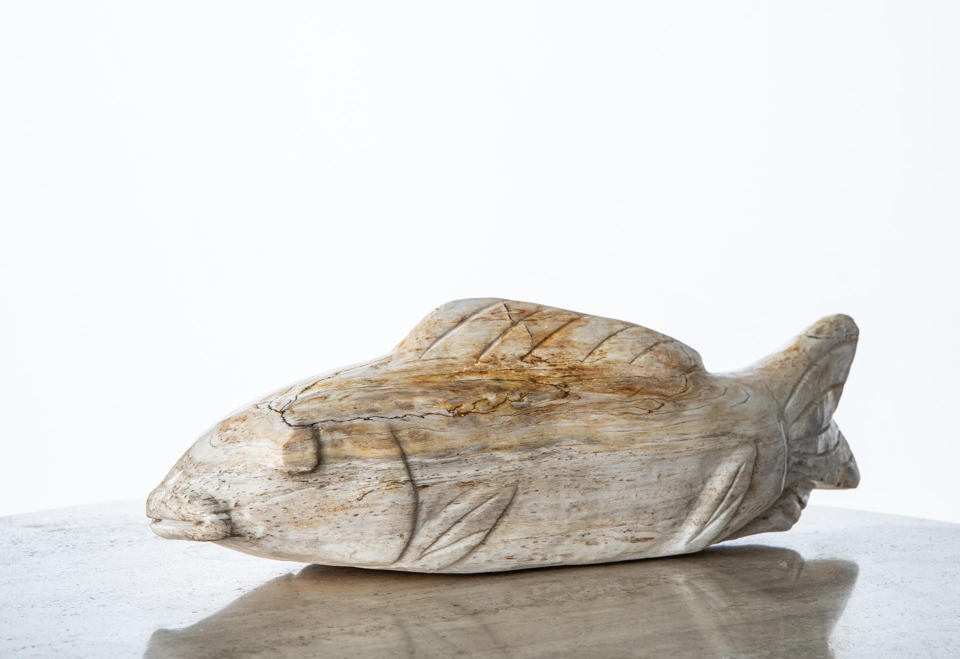 Contemporary Group of Three Fish Sculptures Hand Carved from Petrified Wood For Sale