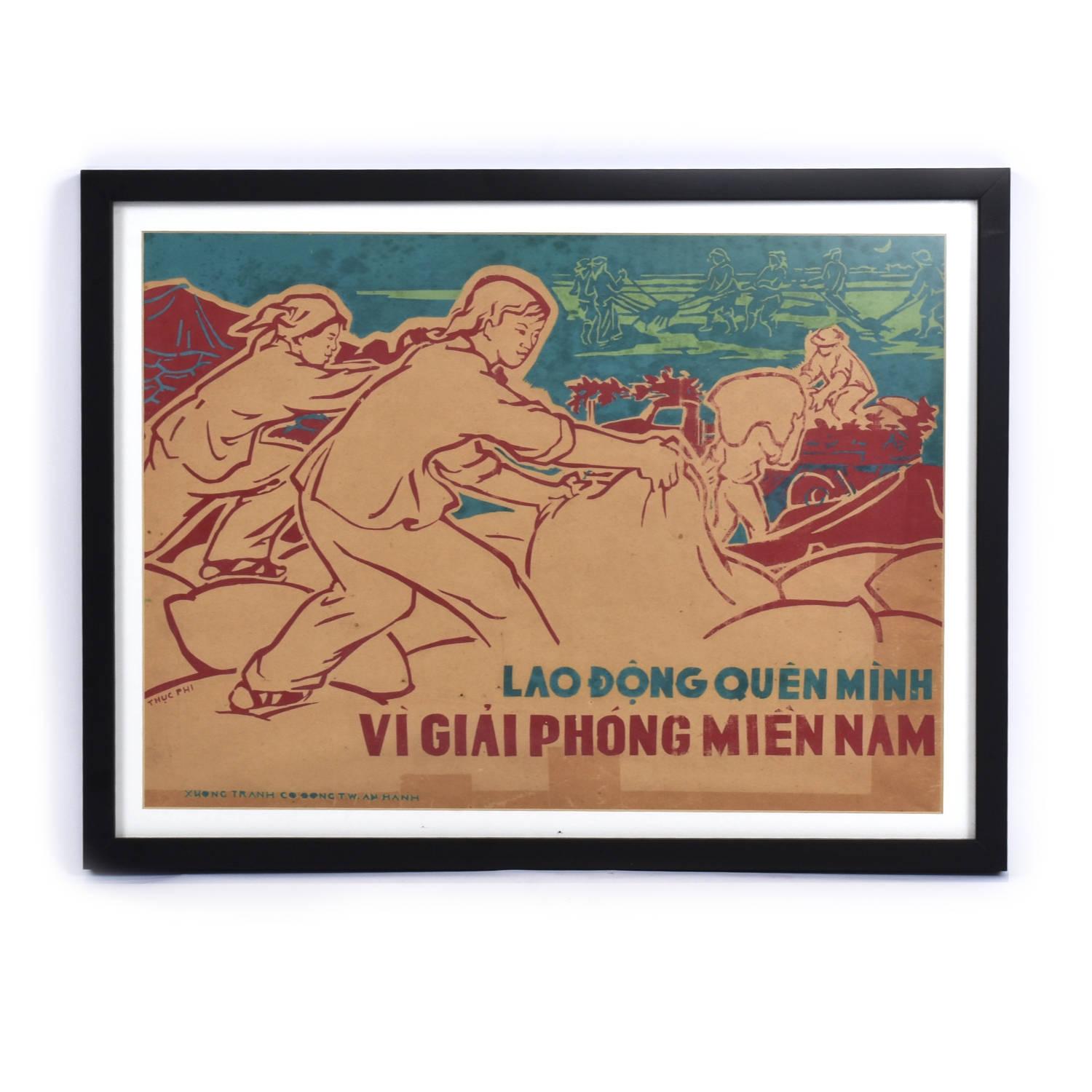 Group of three North Vietnam war propaganda posters. The posters appear to be original. Shadows from previous tape can be seen toward the bottom of the “Lao Dong Quen Minh” poster. The images are produced on paper and look to be screen printed. The