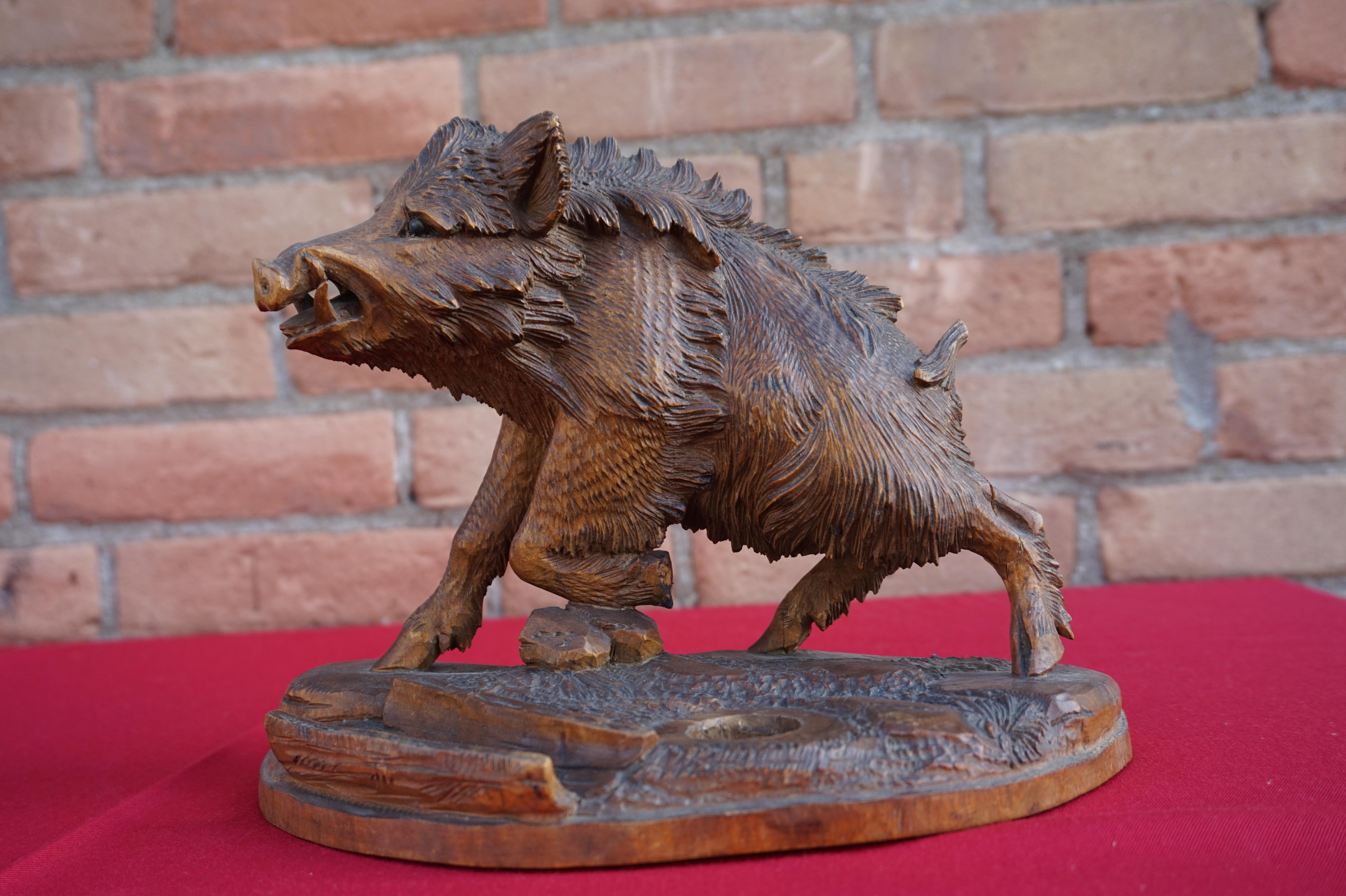 Group of Three Hand Carved Swiss Black Forest Wild Boar Sculptures by N. Deneffe For Sale 3