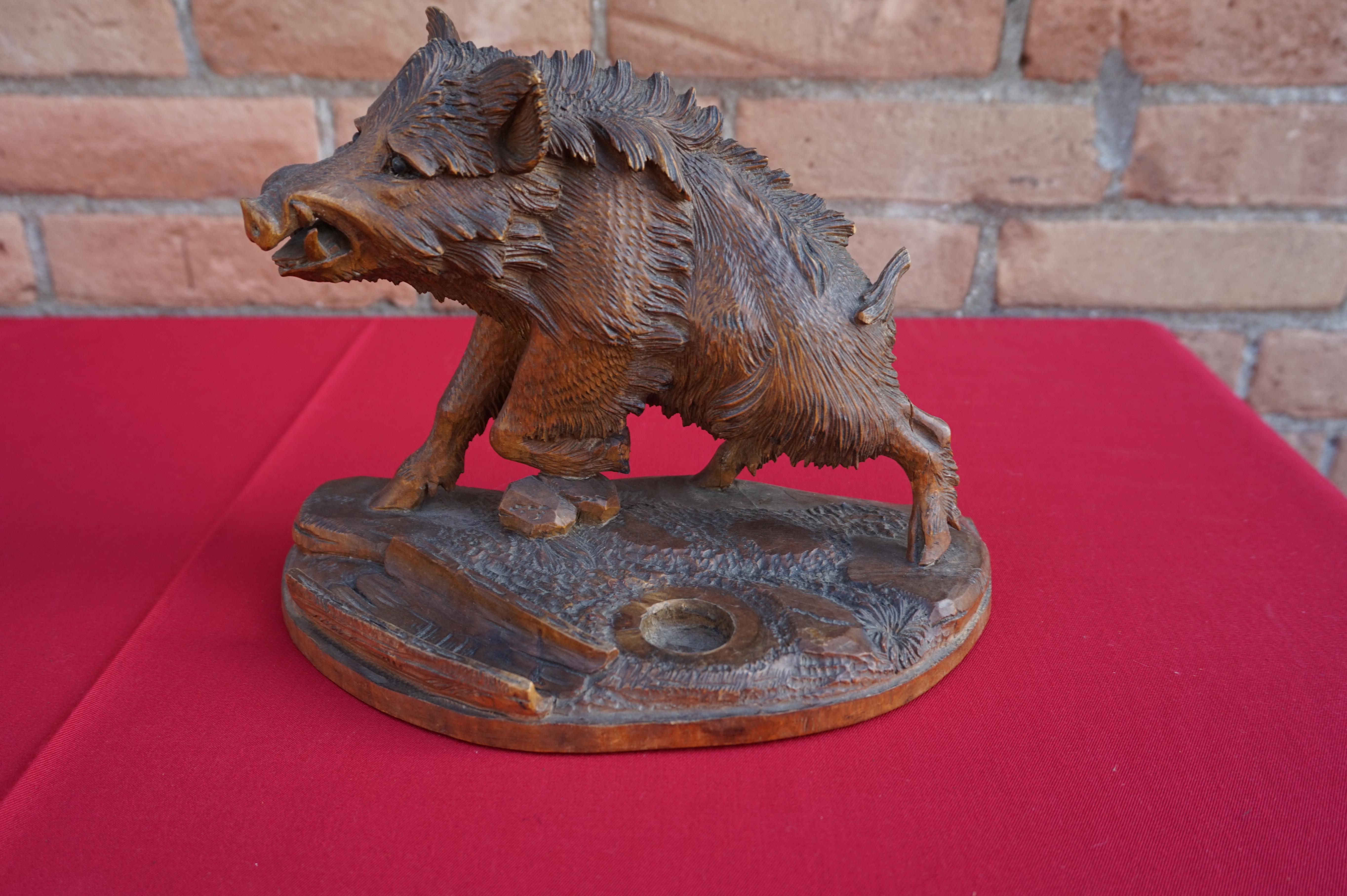 Group of Three Hand Carved Swiss Black Forest Wild Boar Sculptures by N. Deneffe For Sale 4