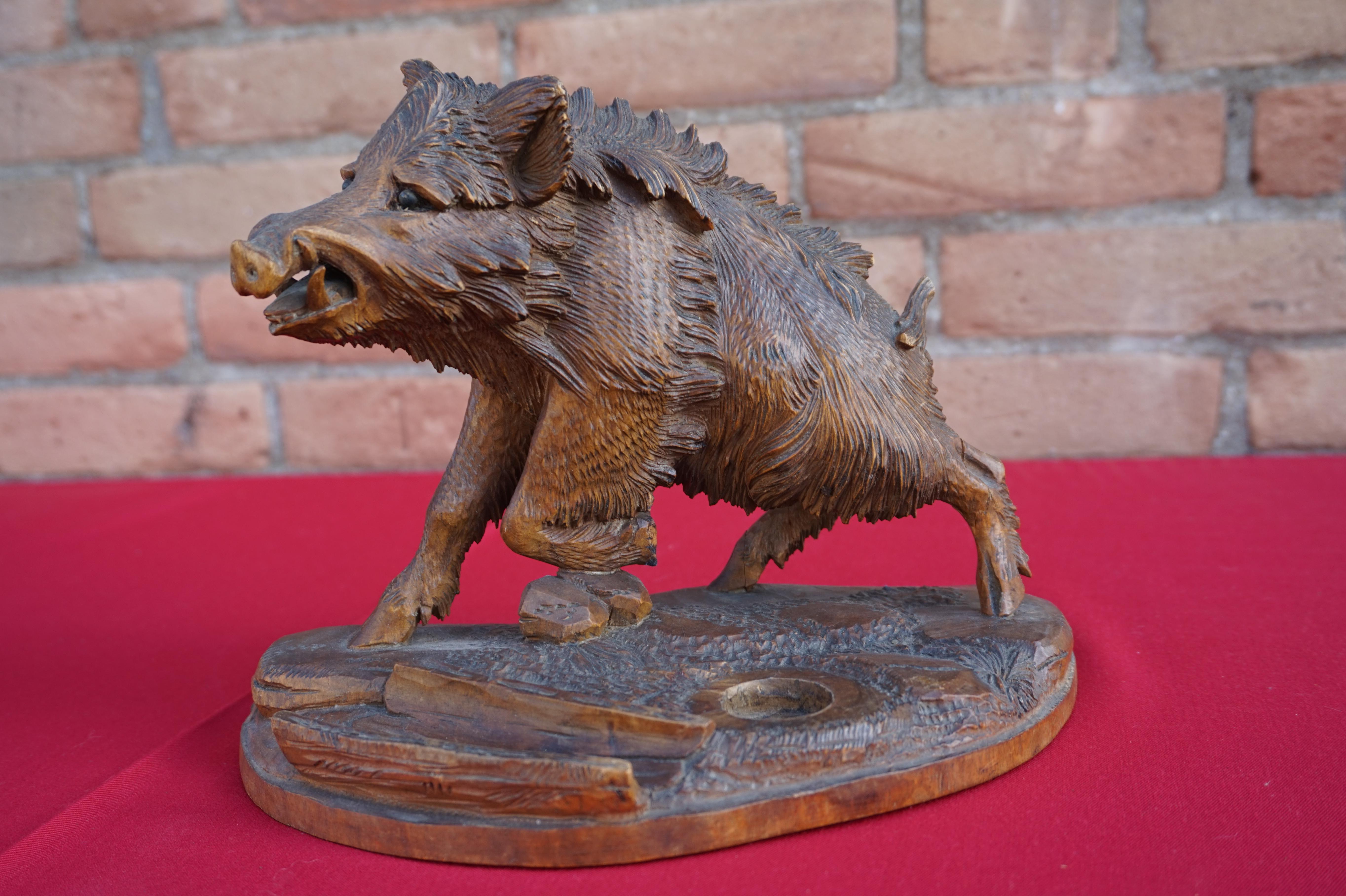 Group of Three Hand Carved Swiss Black Forest Wild Boar Sculptures by N. Deneffe For Sale 6