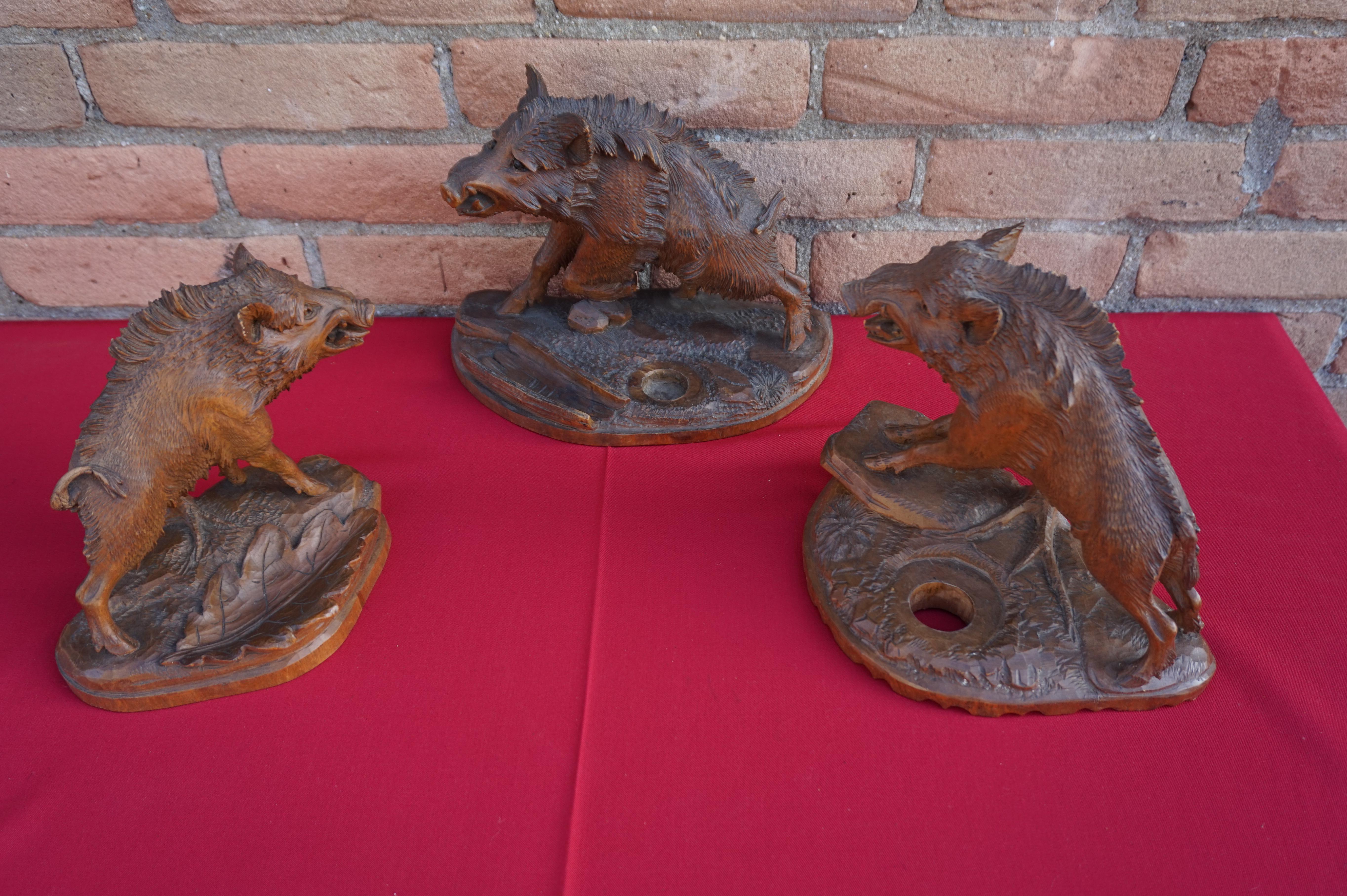 Group of Three Hand Carved Swiss Black Forest Wild Boar Sculptures by N. Deneffe For Sale 7