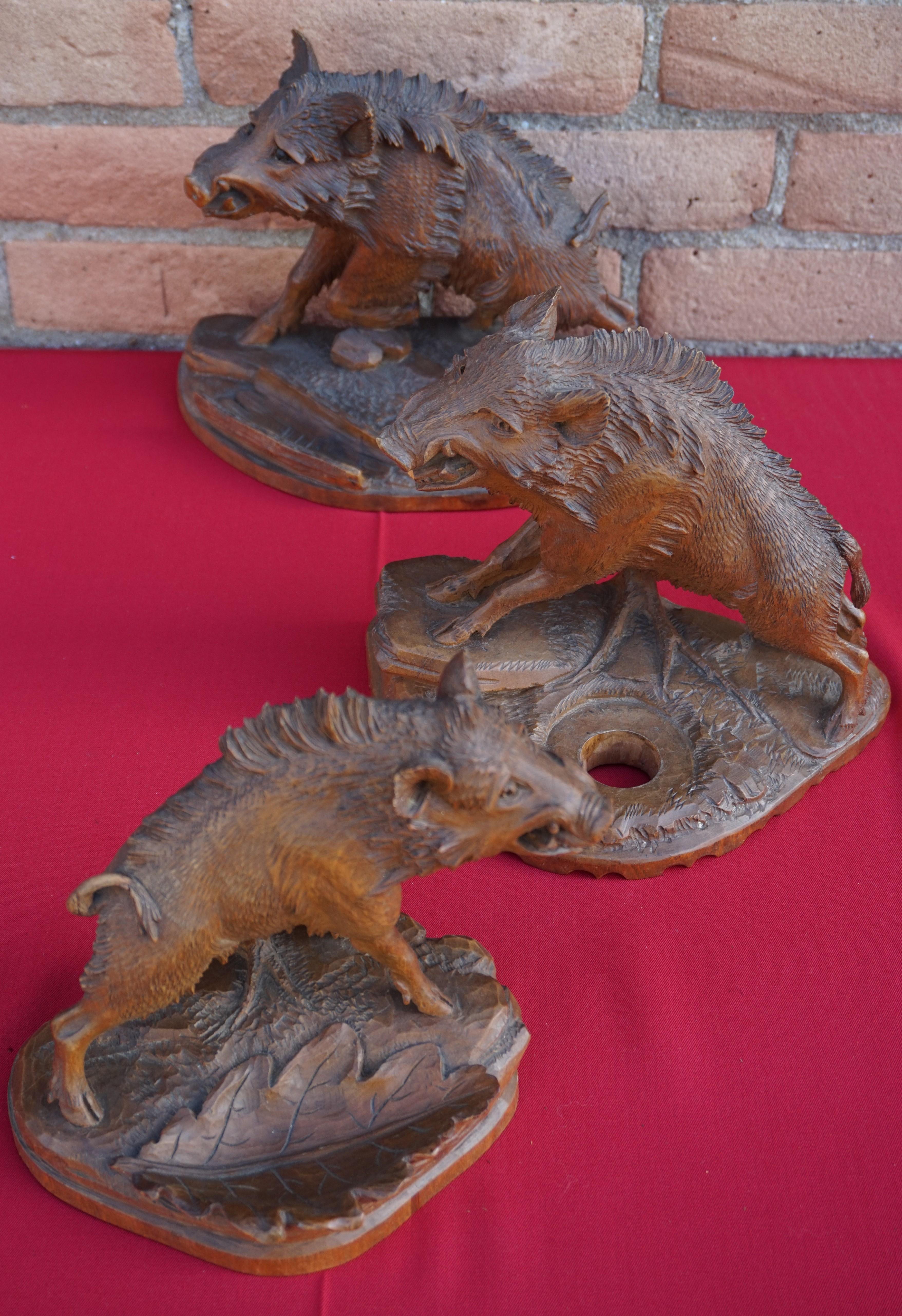 Group of Three Hand Carved Swiss Black Forest Wild Boar Sculptures by N. Deneffe For Sale 8