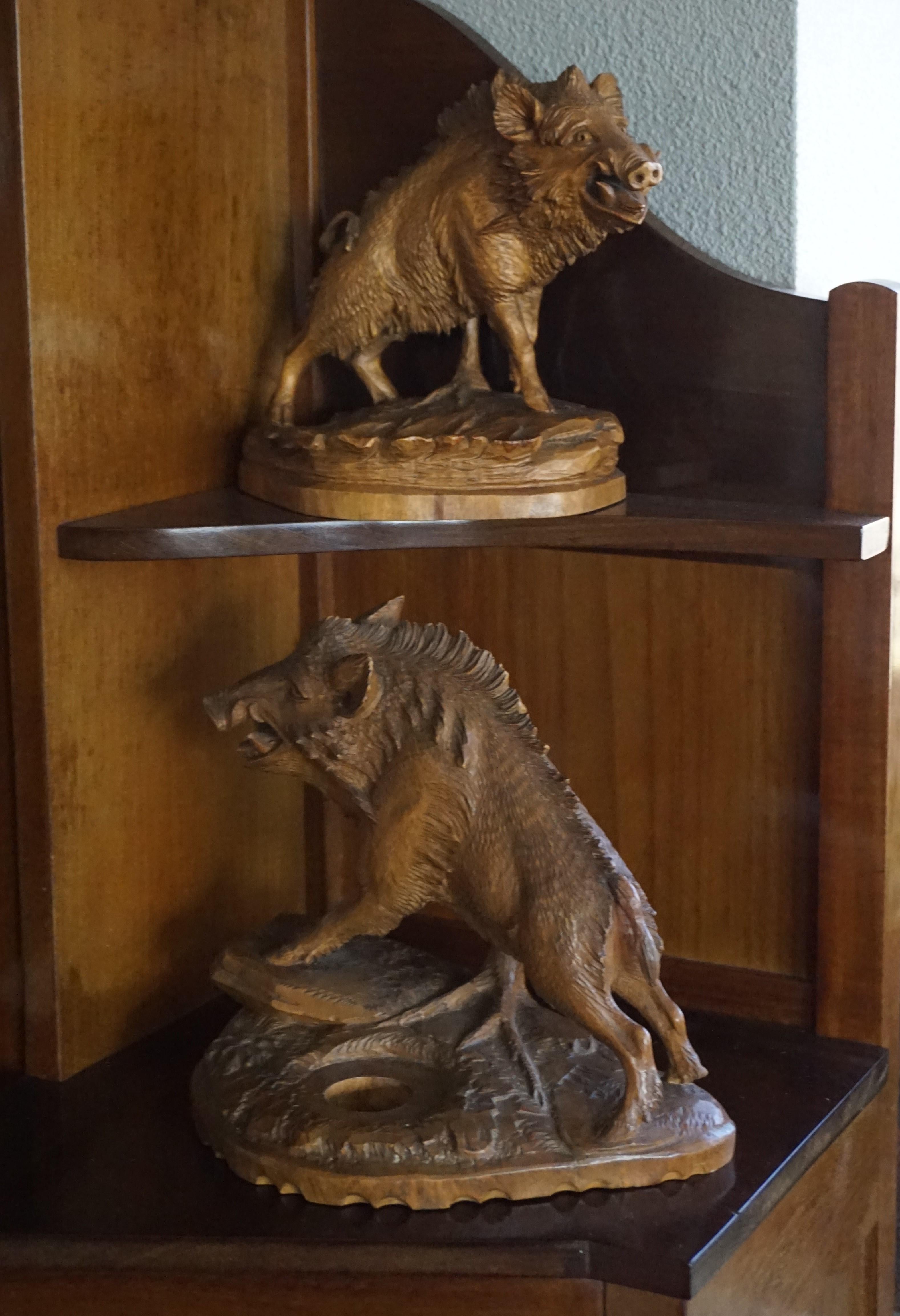 Group of Three Hand Carved Swiss Black Forest Wild Boar Sculptures by N. Deneffe For Sale 9