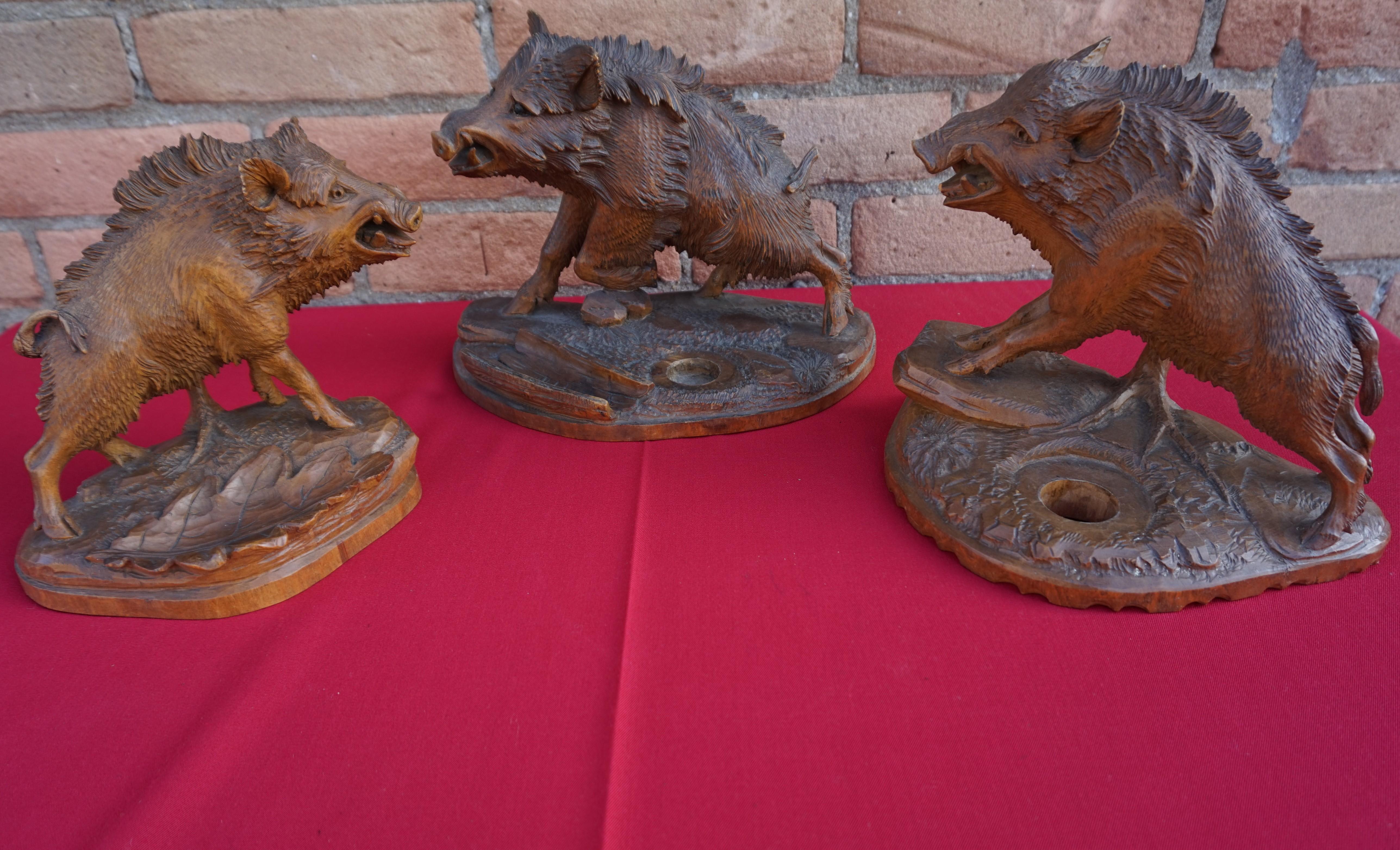 Group of Three Hand Carved Swiss Black Forest Wild Boar Sculptures by N. Deneffe For Sale 10