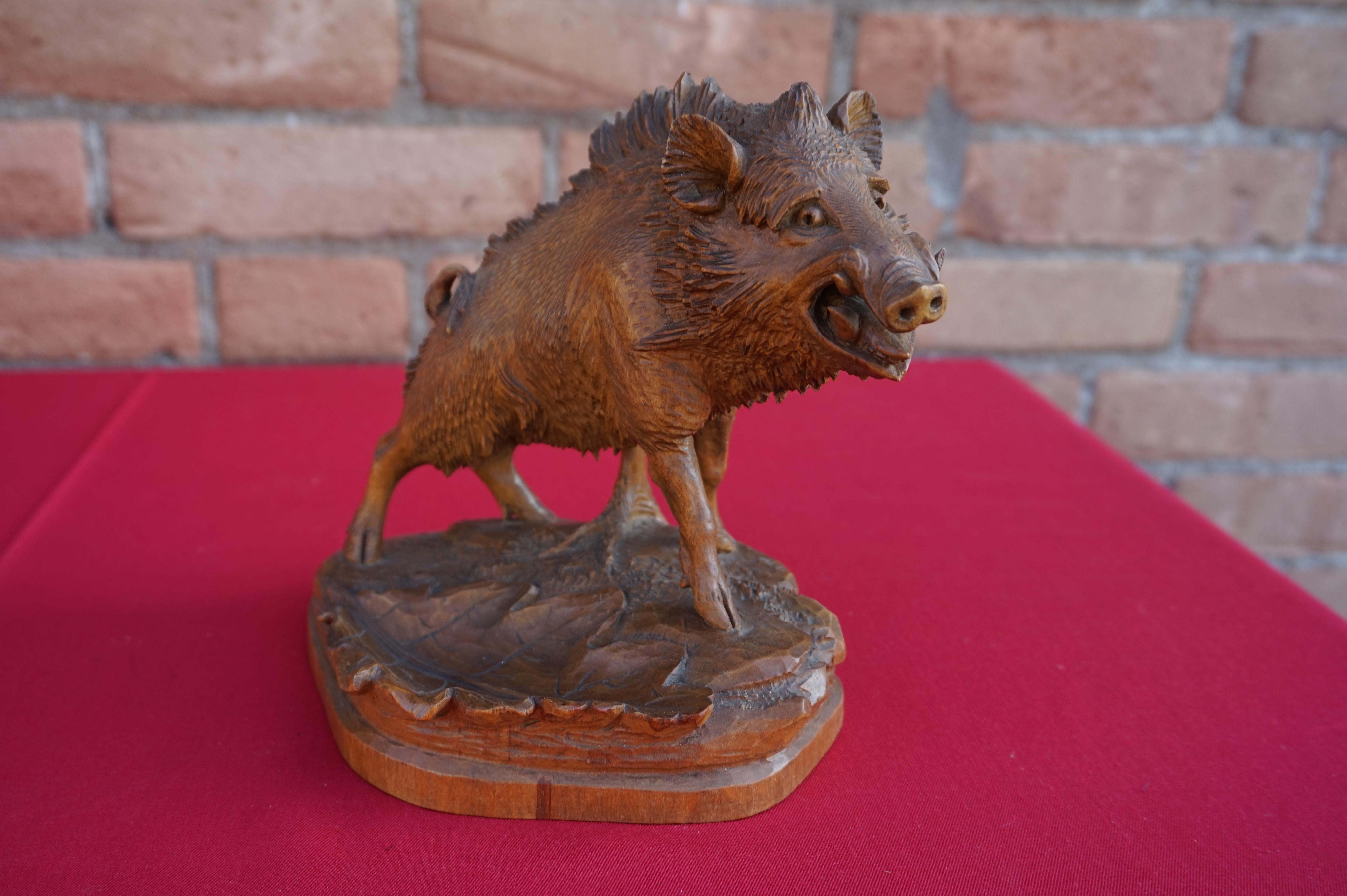 Hand-Carved Group of Three Hand Carved Swiss Black Forest Wild Boar Sculptures by N. Deneffe For Sale