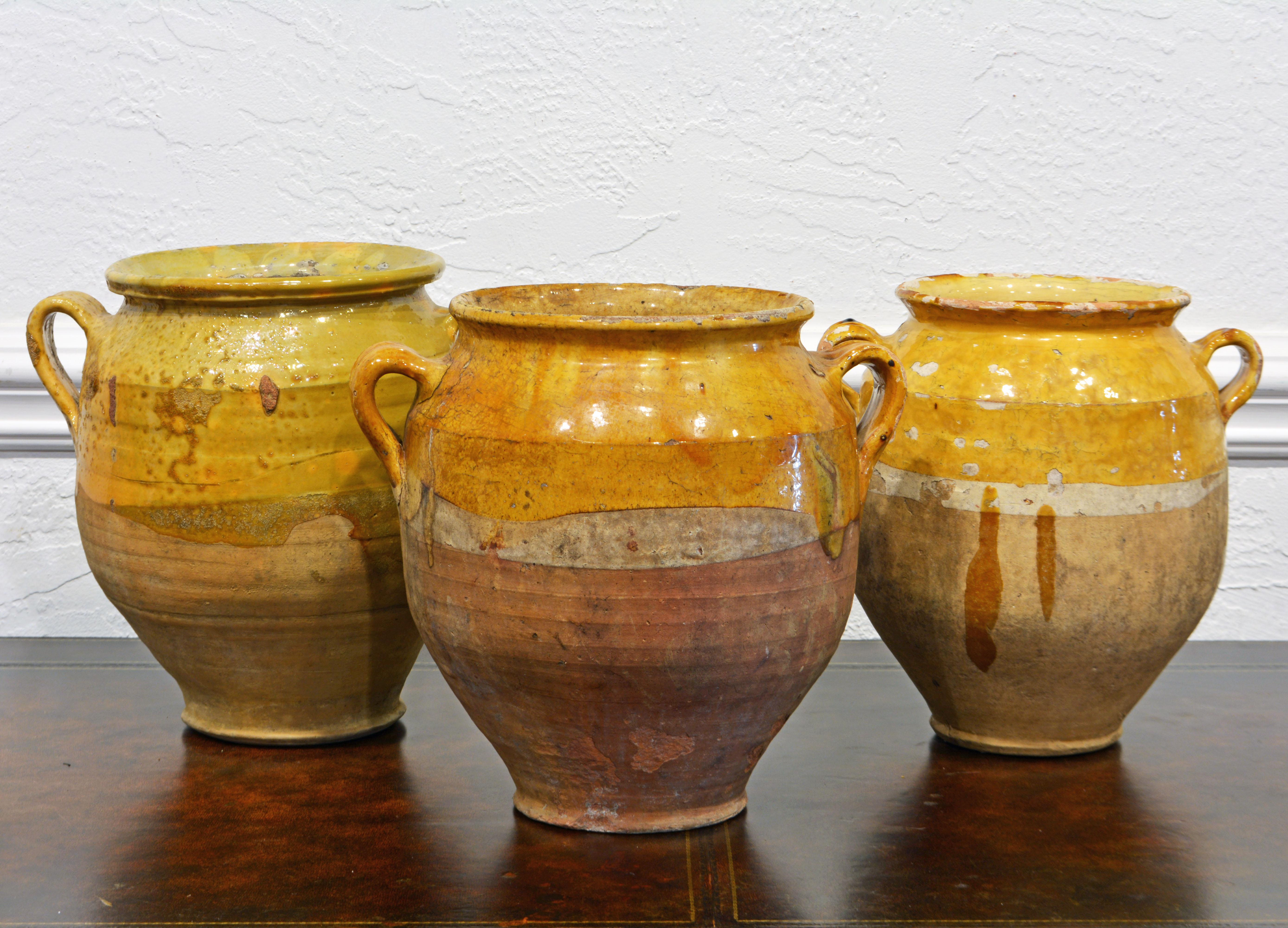 Glazed Group of Three Large 19th and Early 20th Century French Terracotta Confit Pots
