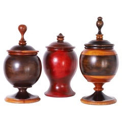 Group of Three Large Moroccan Turned Wood Lidded Jars  Priced Individually