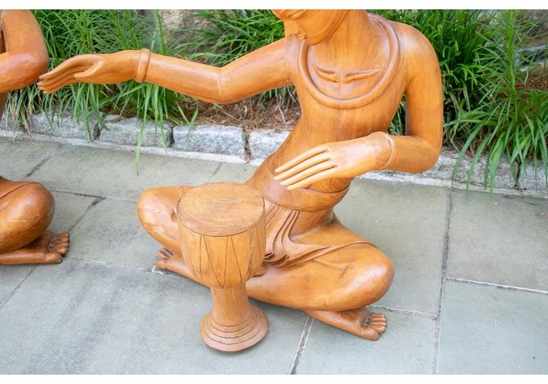 Group of Three Large Scale Carved Teak South Asian Musician Figures For Sale 5