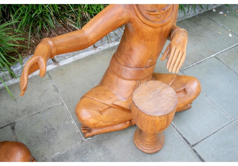 Group of Three Large Scale Carved Teak South Asian Musician Figures For Sale 8