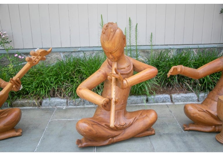 Group of Three Large Scale Carved Teak South Asian Musician Figures For Sale 2