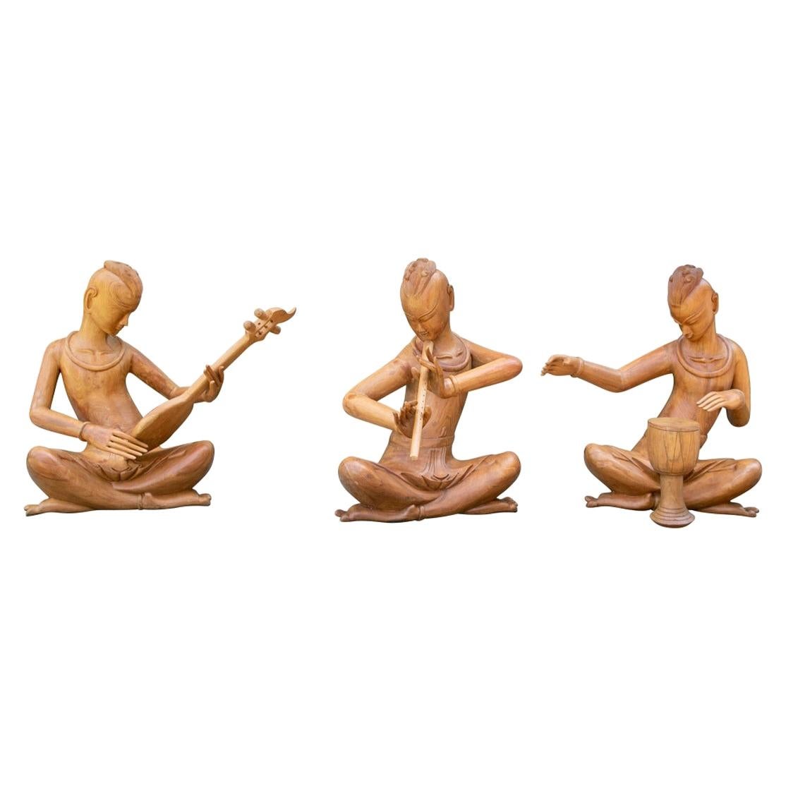 Group of Three Large Scale Carved Teak South Asian Musician Figures