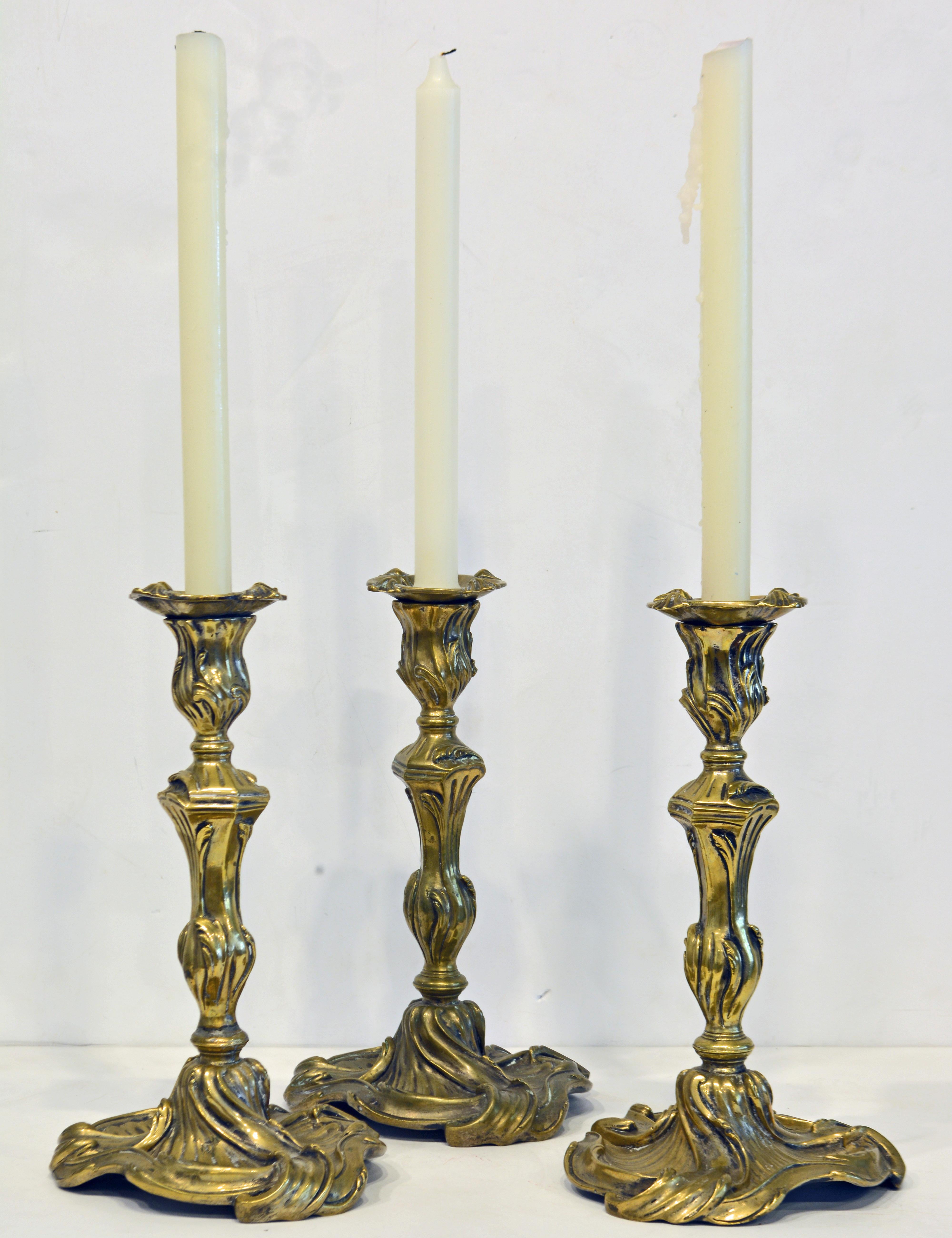 Group of Three Louis XV Rococo Style Bronze Candle Sticks, France, 19th Century 7