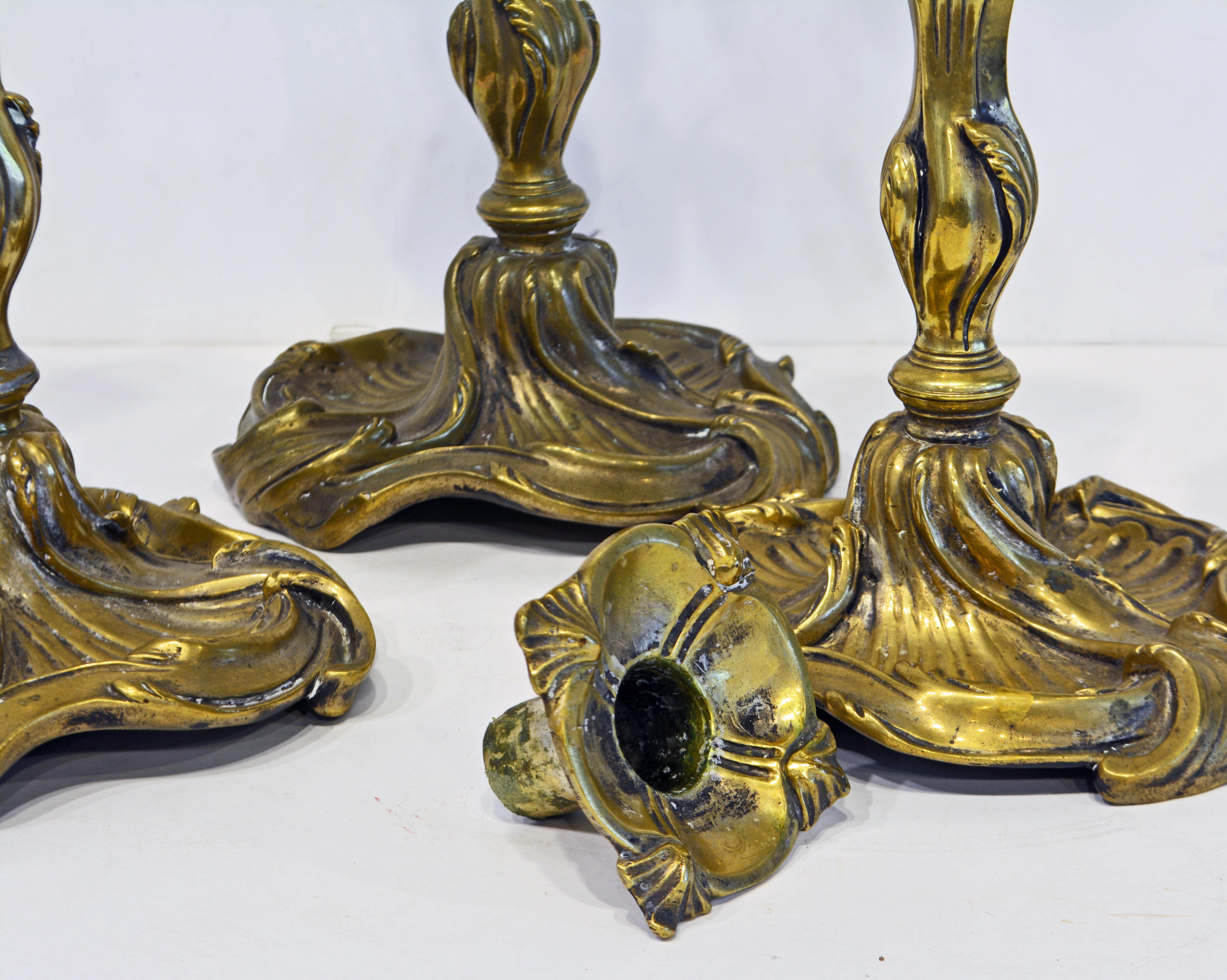 Group of Three Louis XV Rococo Style Bronze Candle Sticks, France, 19th Century In Good Condition In Ft. Lauderdale, FL
