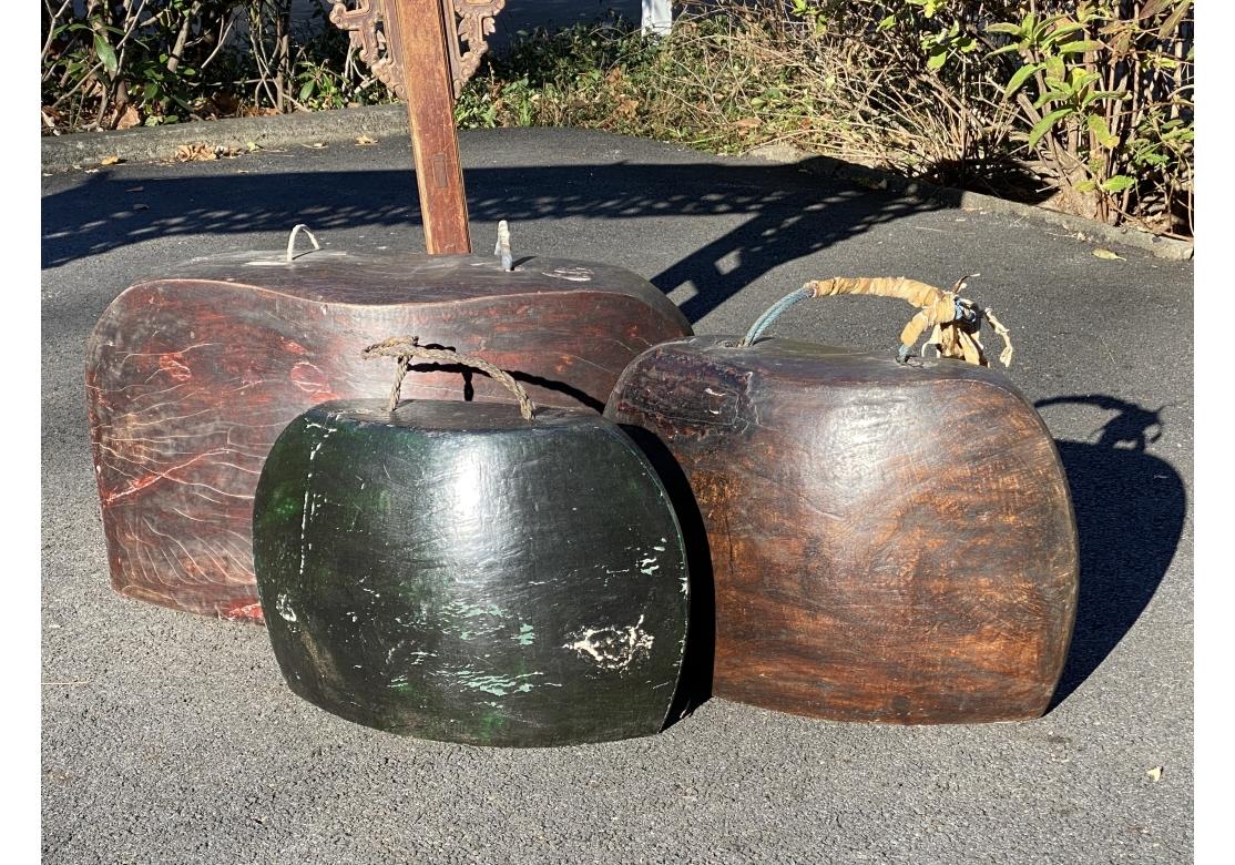 Asian Group Of Three Massive Wood Temple Bells For Sale
