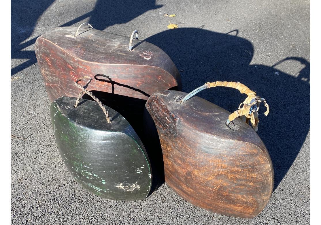 Carved Group Of Three Massive Wood Temple Bells For Sale