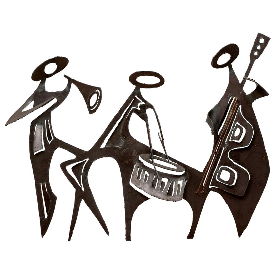 Group of Three Midcentury Brutalist Iron Musicians Wall Sculpture
