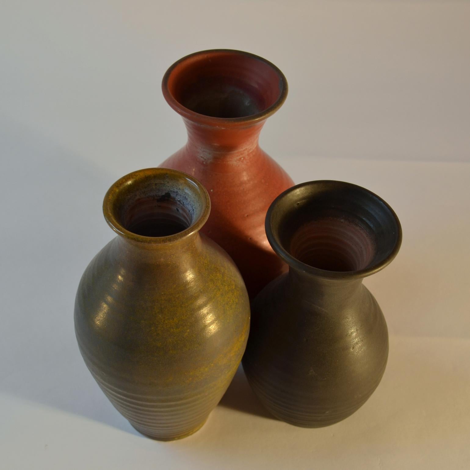 Group of Three Mid Century Ceramic Dutch Studio Vases in Earth Tones For Sale 1
