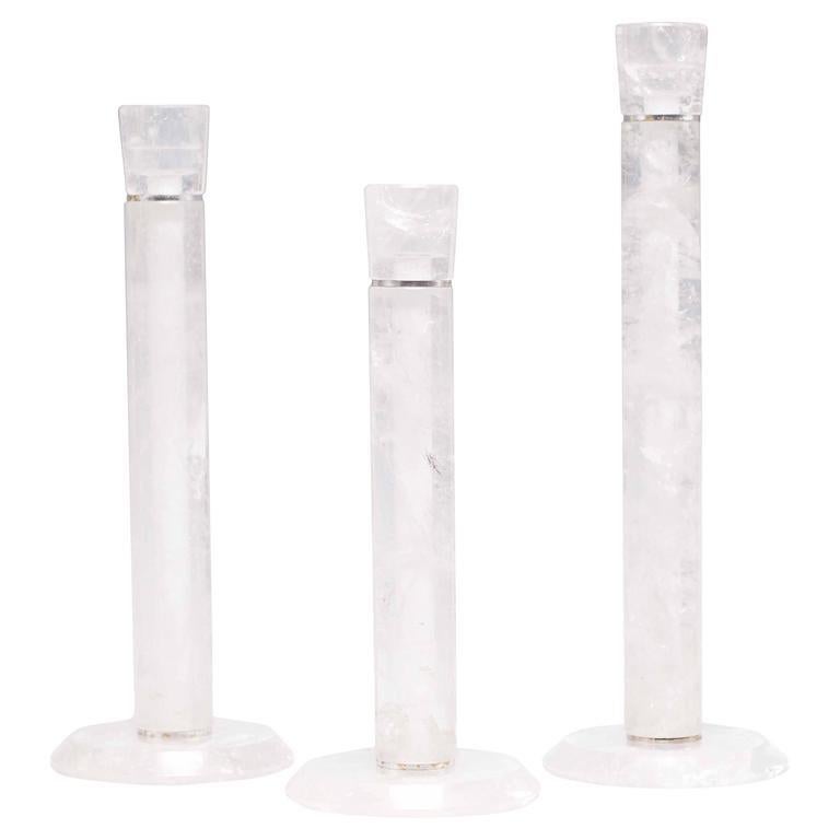 Group of Three Rock Crystal Candlesticks In Excellent Condition In New York, NY