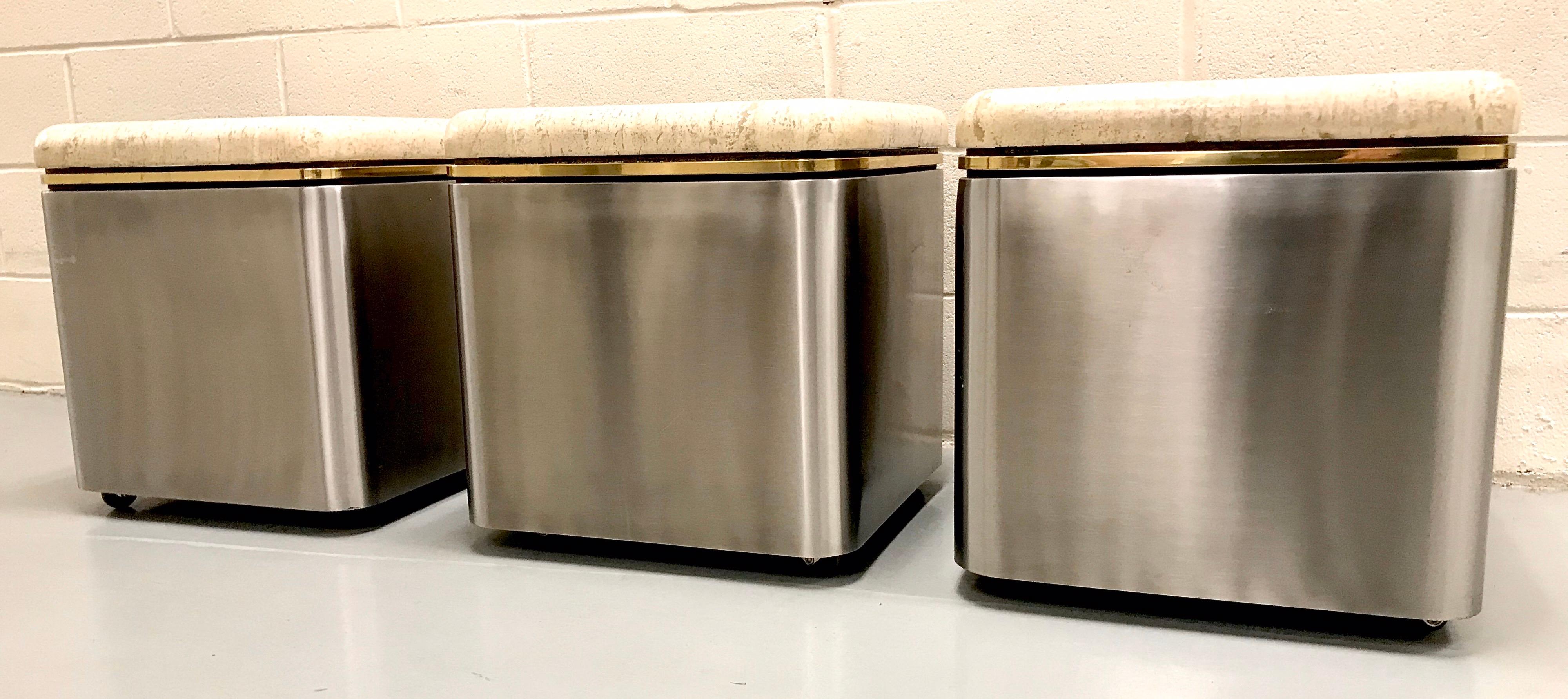 Group of Three Stainless Steel, Brass and Travertine Tables on Casters For Sale 5