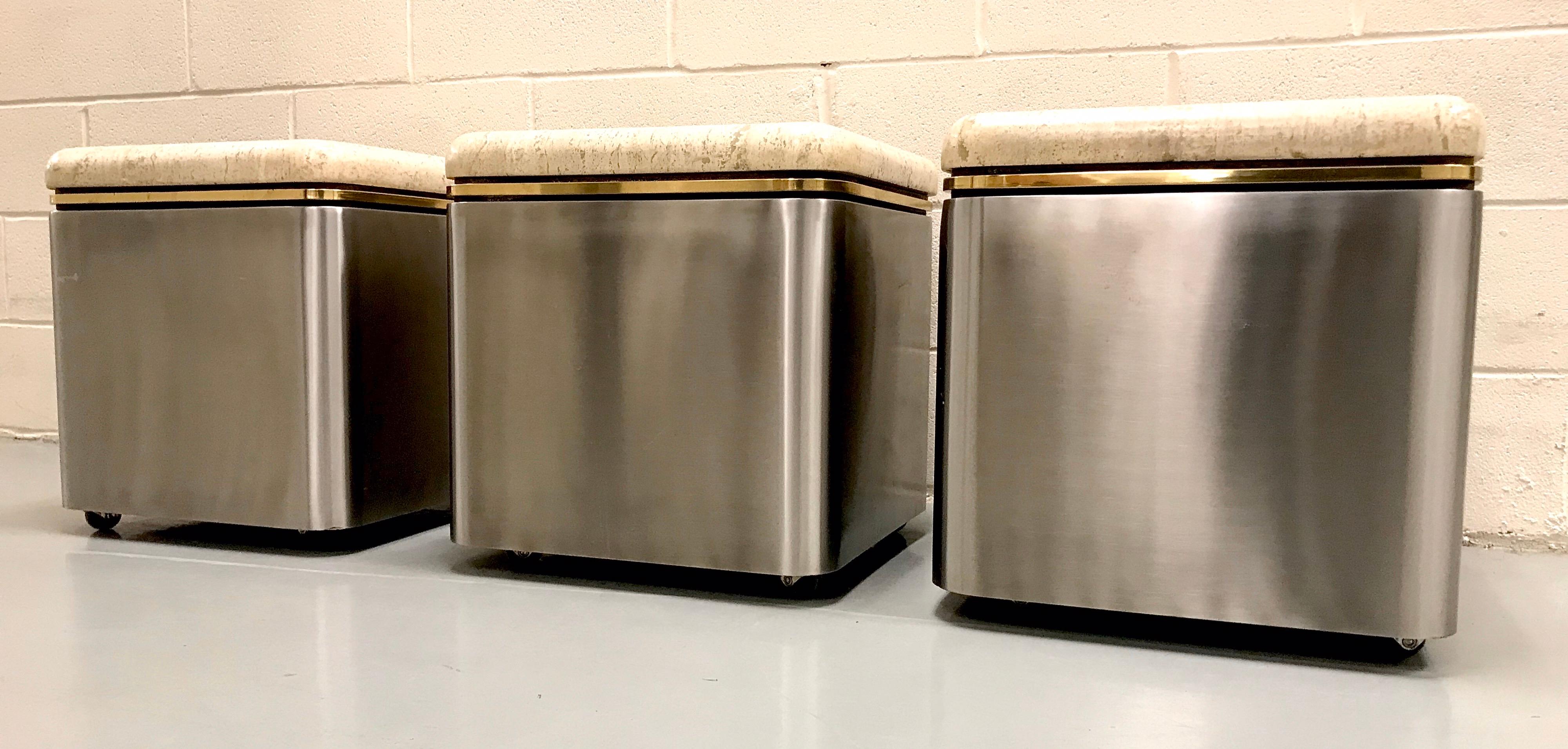 Group of Three Stainless Steel, Brass and Travertine Tables on Casters For Sale 6