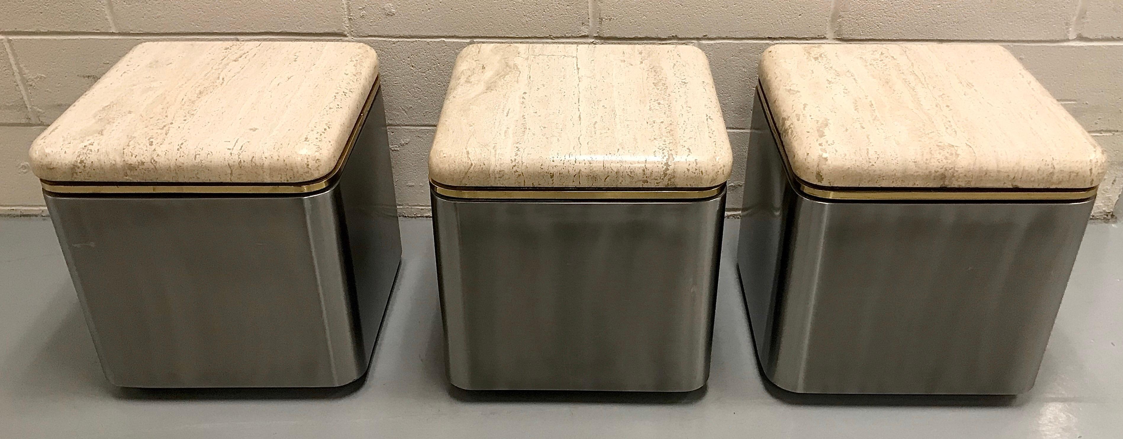 Group of Three Stainless Steel, Brass and Travertine Tables on Casters For Sale 9